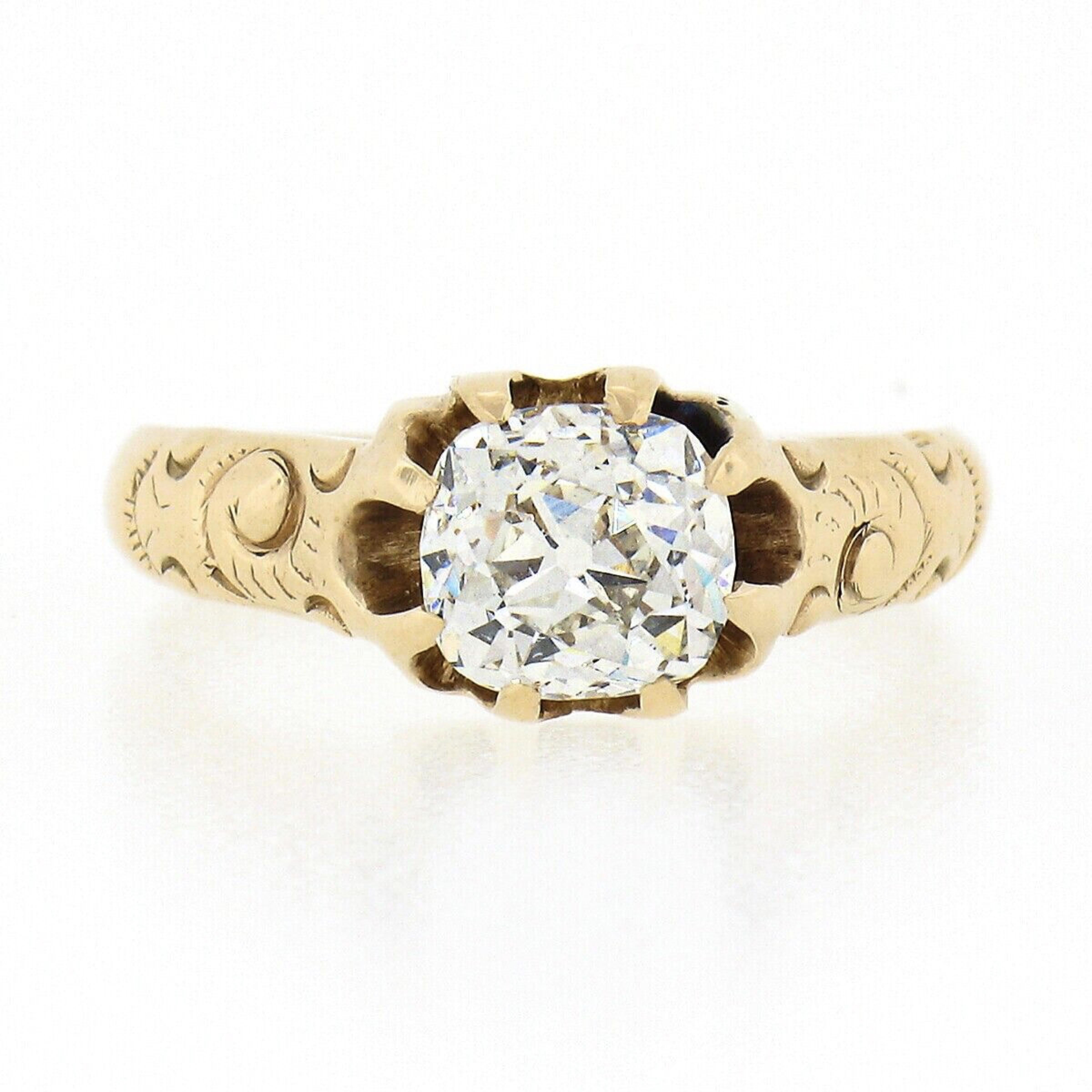 Antique Victorian 14k Gold GIA Old Mine Diamond Belcher Set Solitaire Band Ring In Good Condition In Montclair, NJ