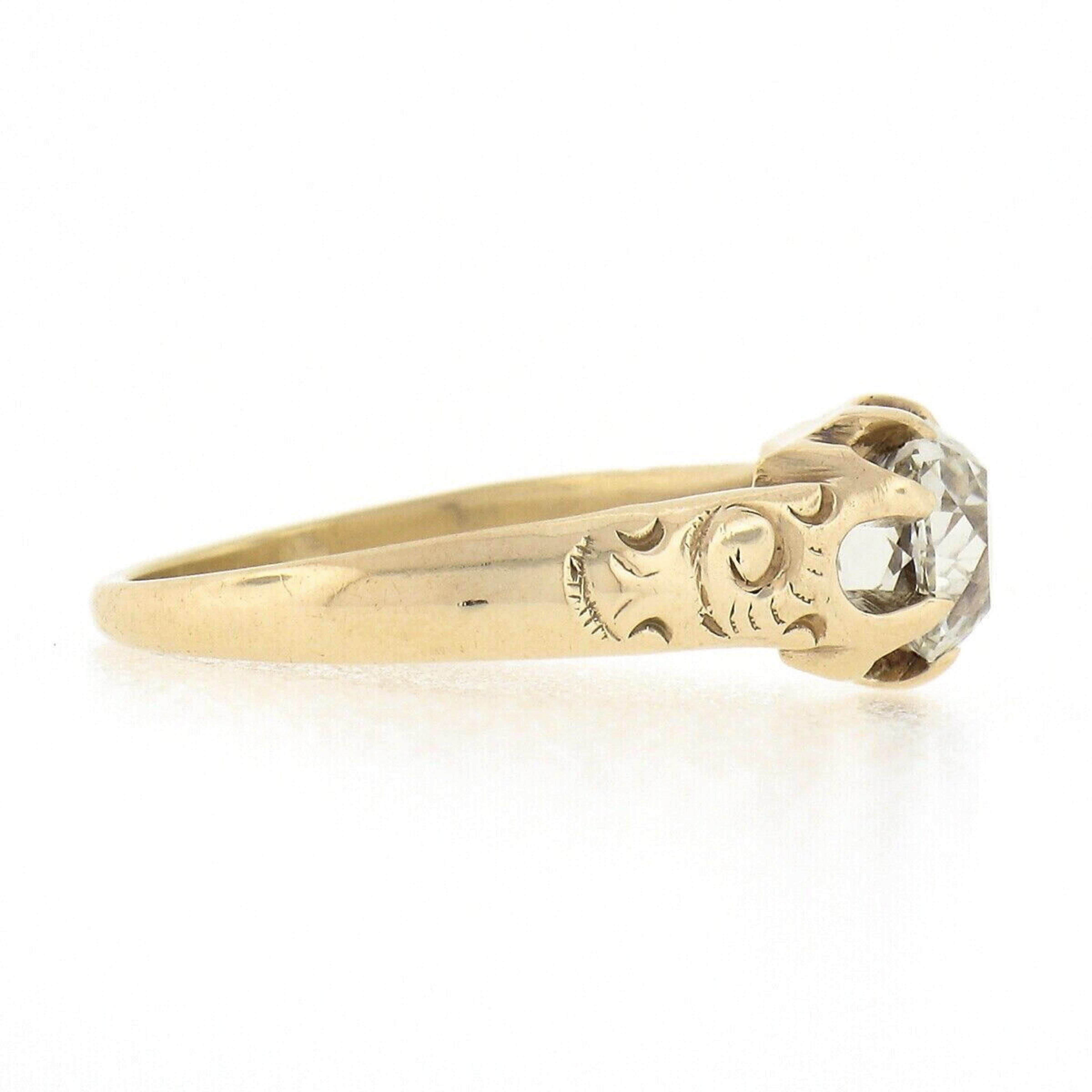 Women's Antique Victorian 14k Gold GIA Old Mine Diamond Belcher Set Solitaire Band Ring