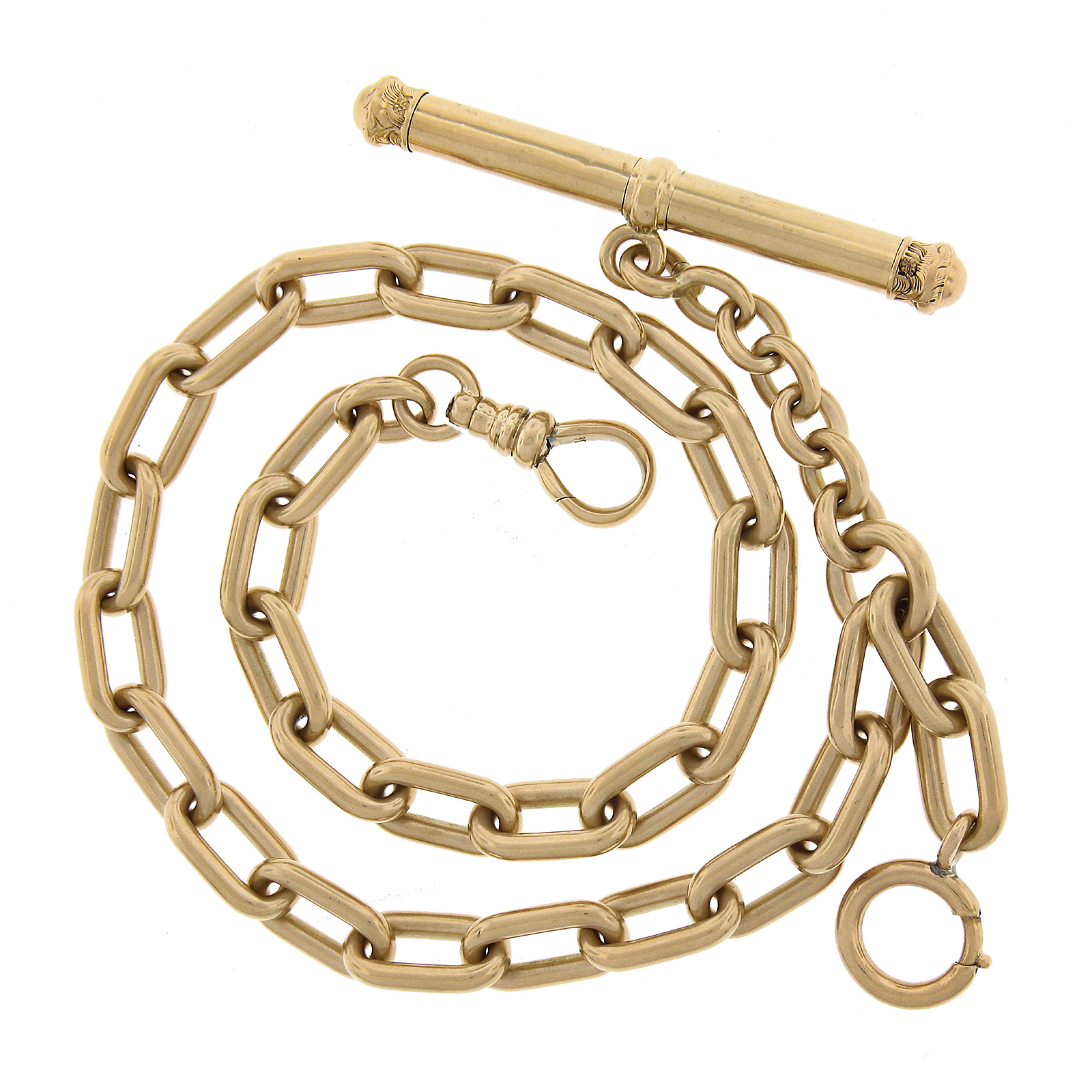 This very unique and solidly made, antique heavy duty cable link pocket watch chain was crafted in solid 14k yellow gold during the Victorian period. It measures 13.75 inches long and features a 2 inch extension chain that ends with a wide T-bar