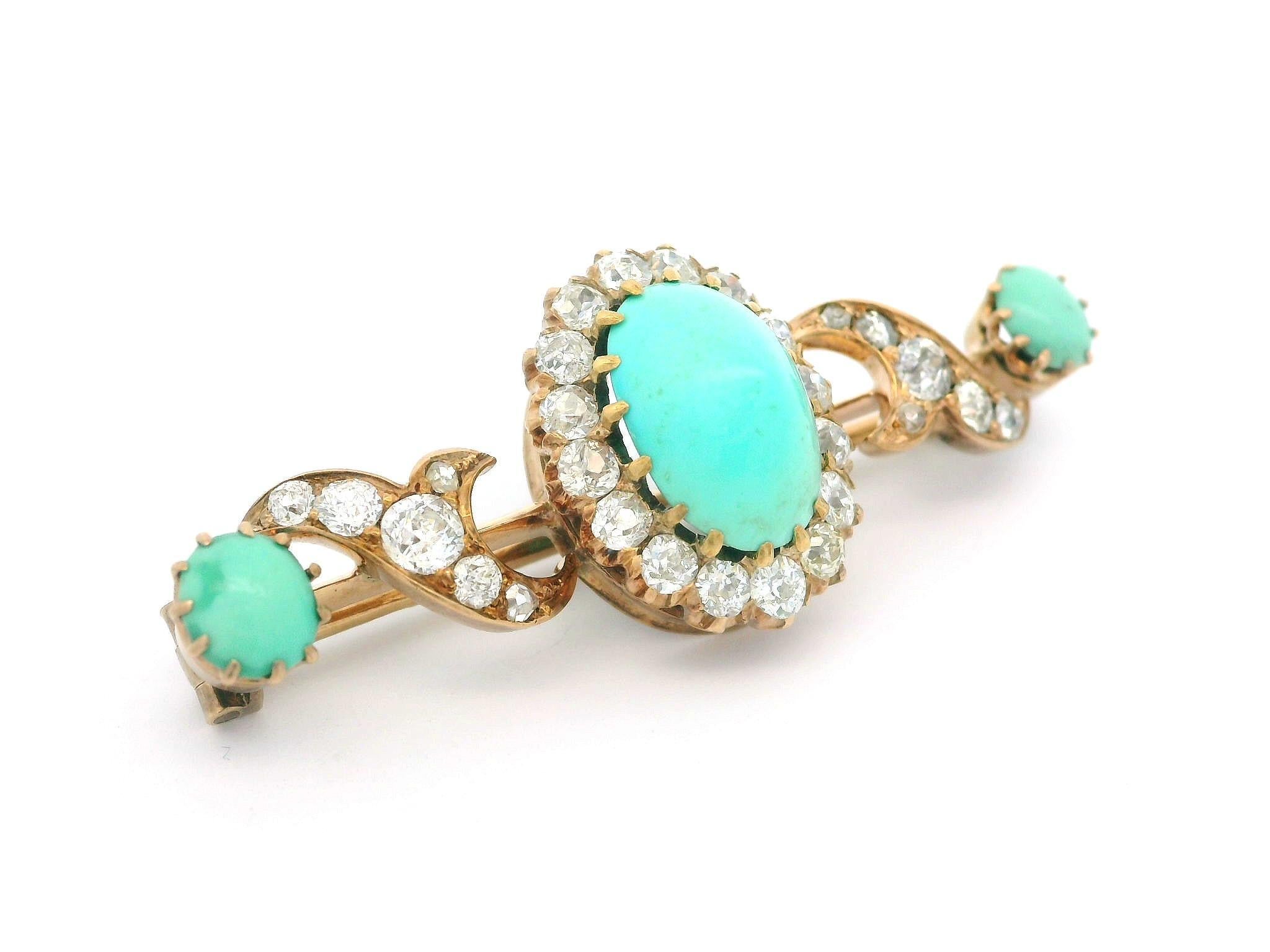 Antiguo broche victoriano de oro de 14 quilates de alta calidad con barra de turquesa y diamantes en venta 4