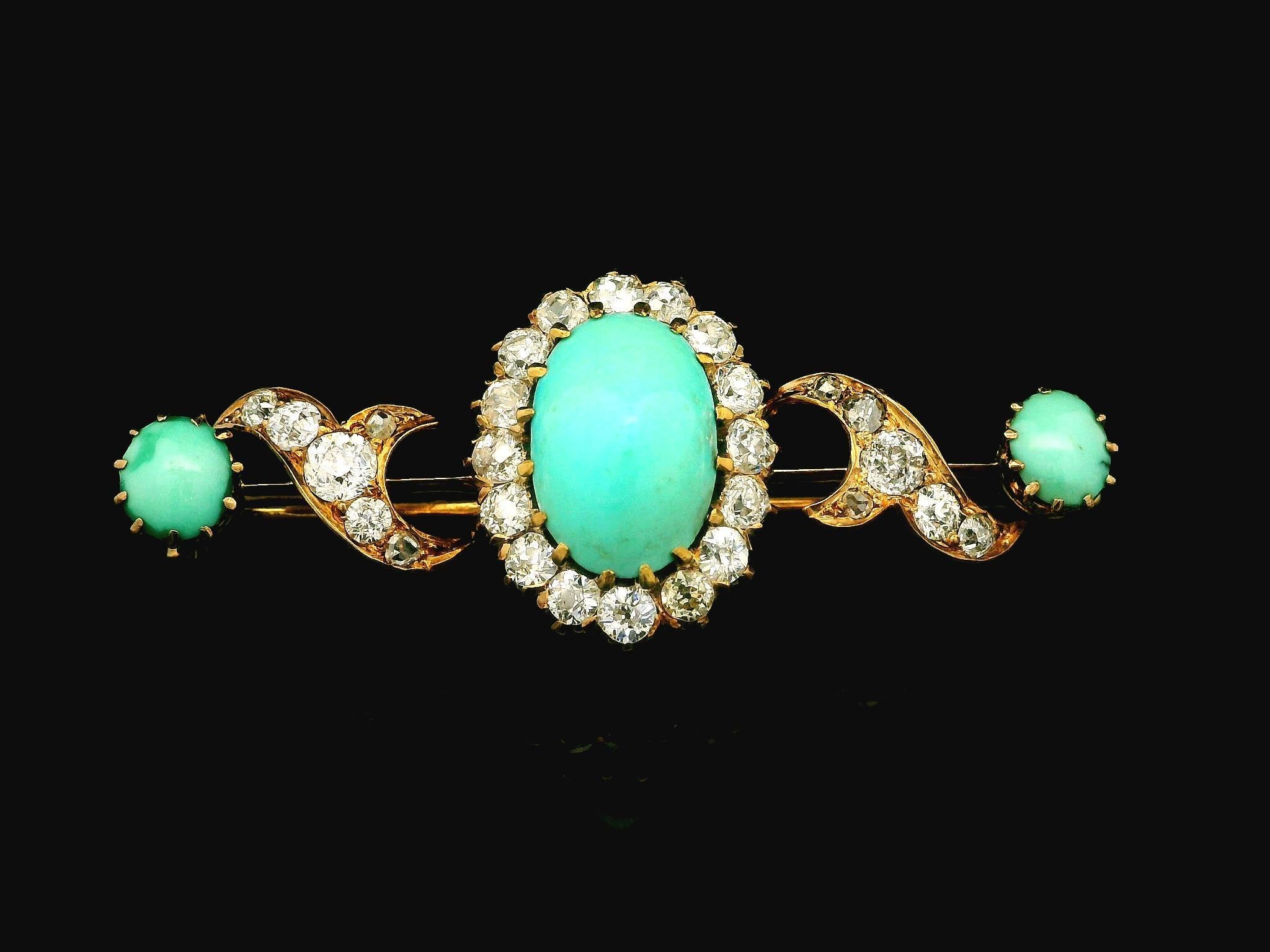 Antiguo broche victoriano de oro de 14 quilates de alta calidad con barra de turquesa y diamantes en venta 5