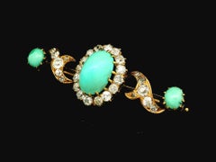 Antique Victorian 14k Gold High Quality Turquoise & Diamond Bar Pin Brooch