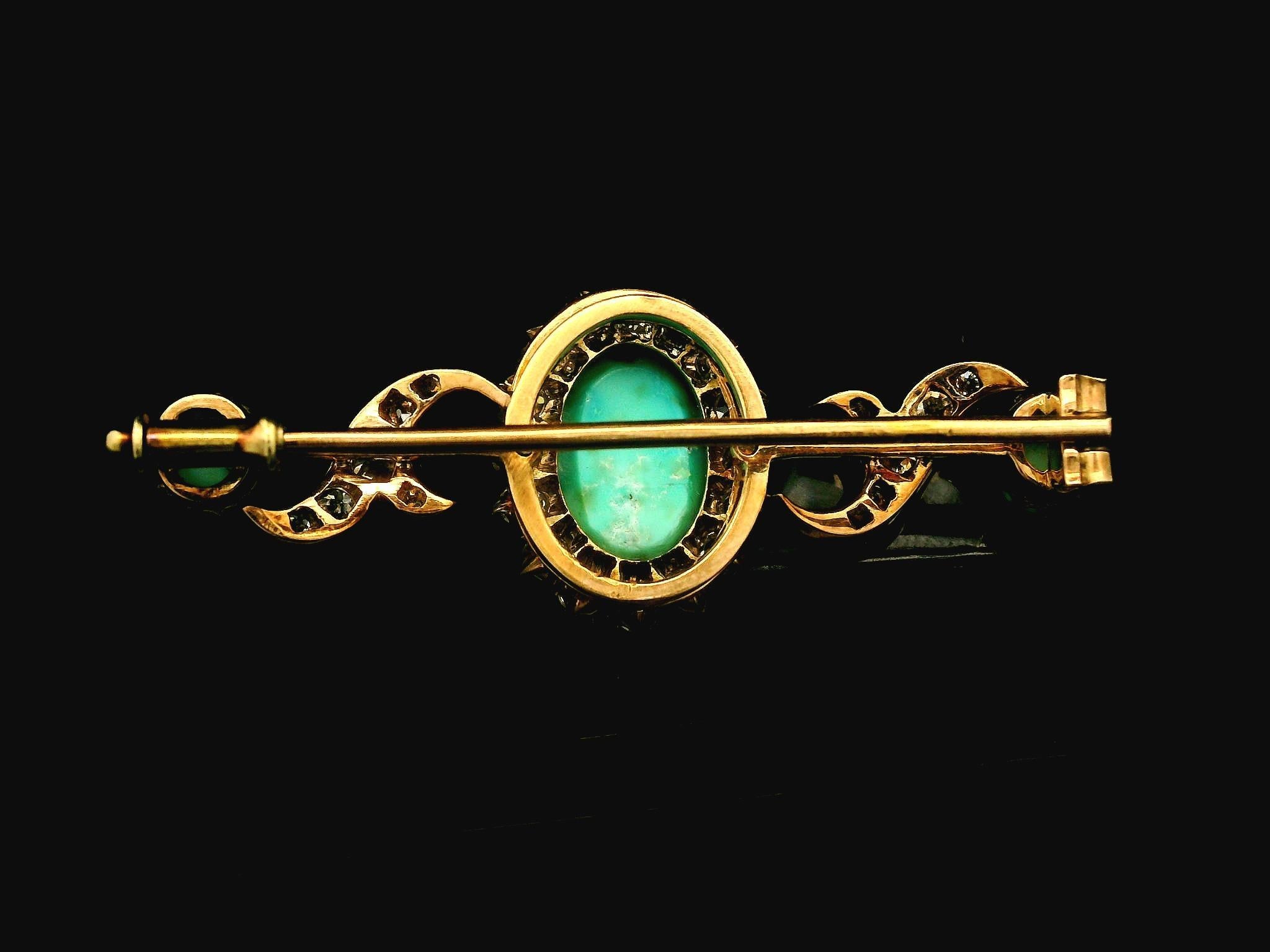 Antiguo broche victoriano de oro de 14 quilates de alta calidad con barra de turquesa y diamantes Victoriano en venta