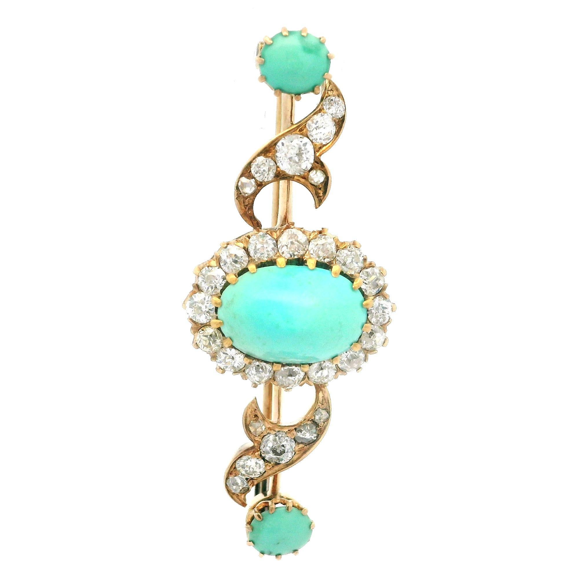 Antiguo broche victoriano de oro de 14 quilates de alta calidad con barra de turquesa y diamantes Cabujón en venta