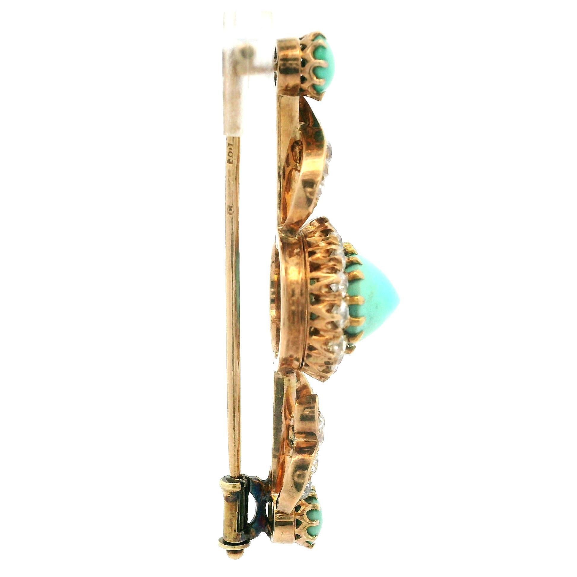Antiguo broche victoriano de oro de 14 quilates de alta calidad con barra de turquesa y diamantes en Bueno estado para la venta en Montclair, NJ