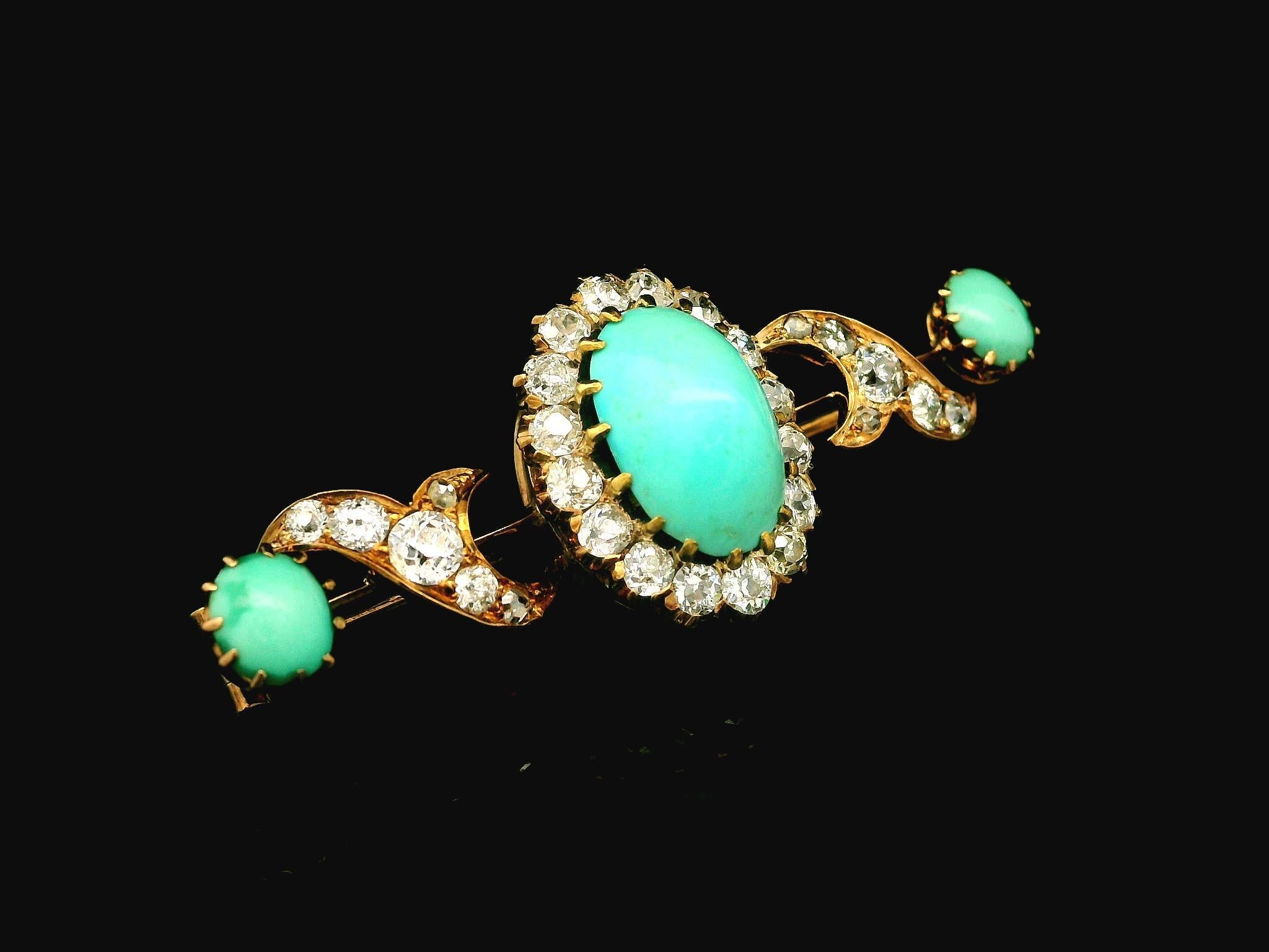 Antiguo broche victoriano de oro de 14 quilates de alta calidad con barra de turquesa y diamantes en venta 1