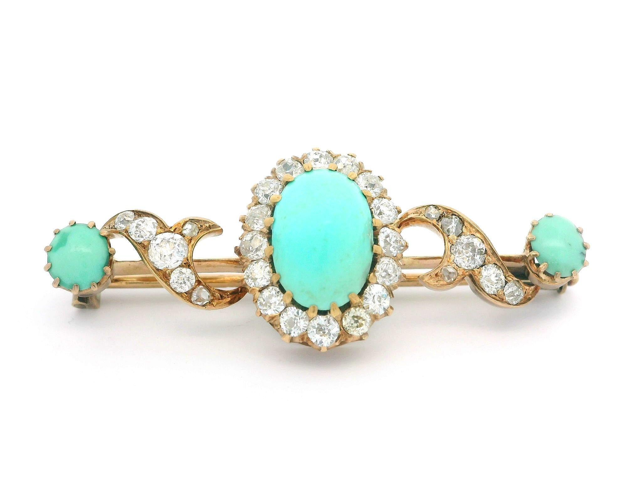 Antiguo broche victoriano de oro de 14 quilates de alta calidad con barra de turquesa y diamantes en venta 3