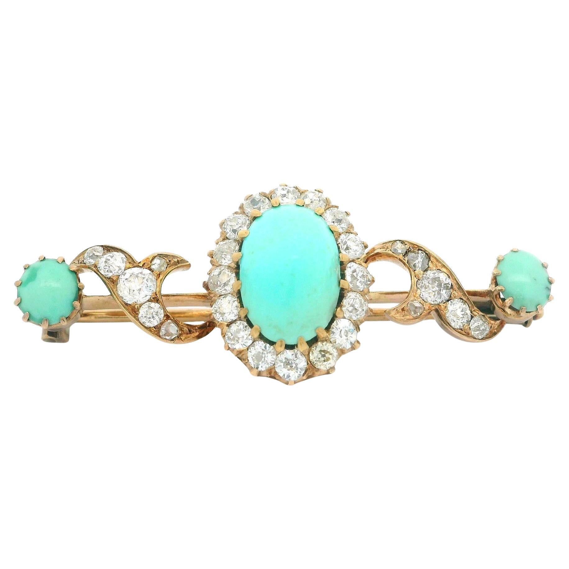 Antiguo broche victoriano de oro de 14 quilates de alta calidad con barra de turquesa y diamantes