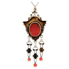 Antique Victorian 14K Gold High Relief Carved Coral Cameo & Bead Dangle Pendant