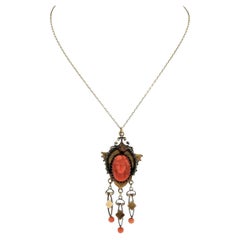 Antique Victorian 14K Gold High Relief Carved Coral Cameo & Bead Dangle Pendant