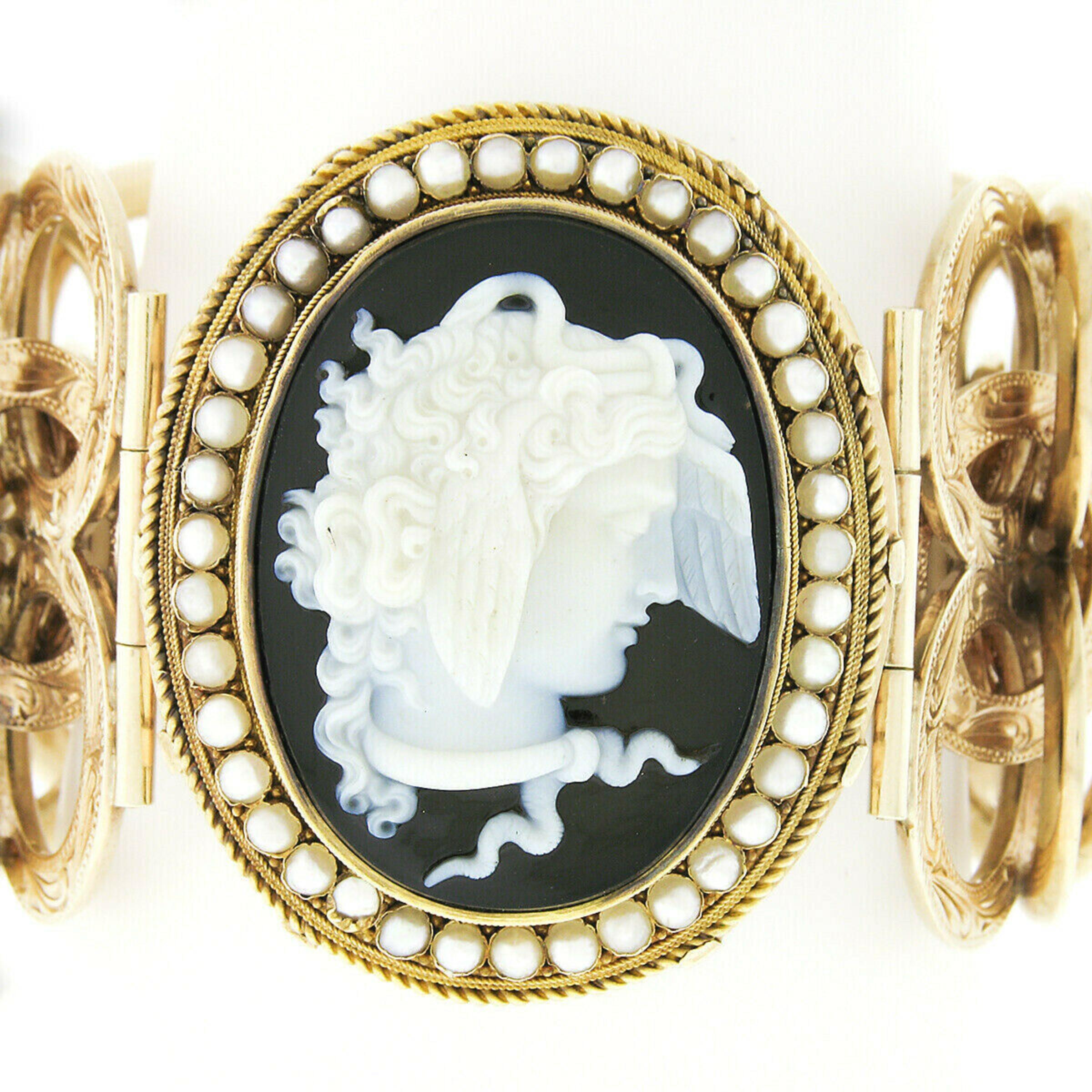 Late Victorian Antique Victorian 14k Gold Large Black Onyx Cameo & Pearl Hand Engraved Bracelet