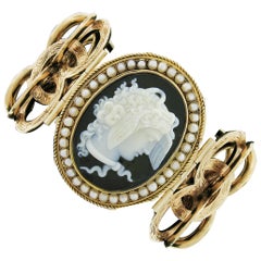 Antique Victorian 14k Gold Large Black Onyx Cameo & Pearl Hand Engraved Bracelet