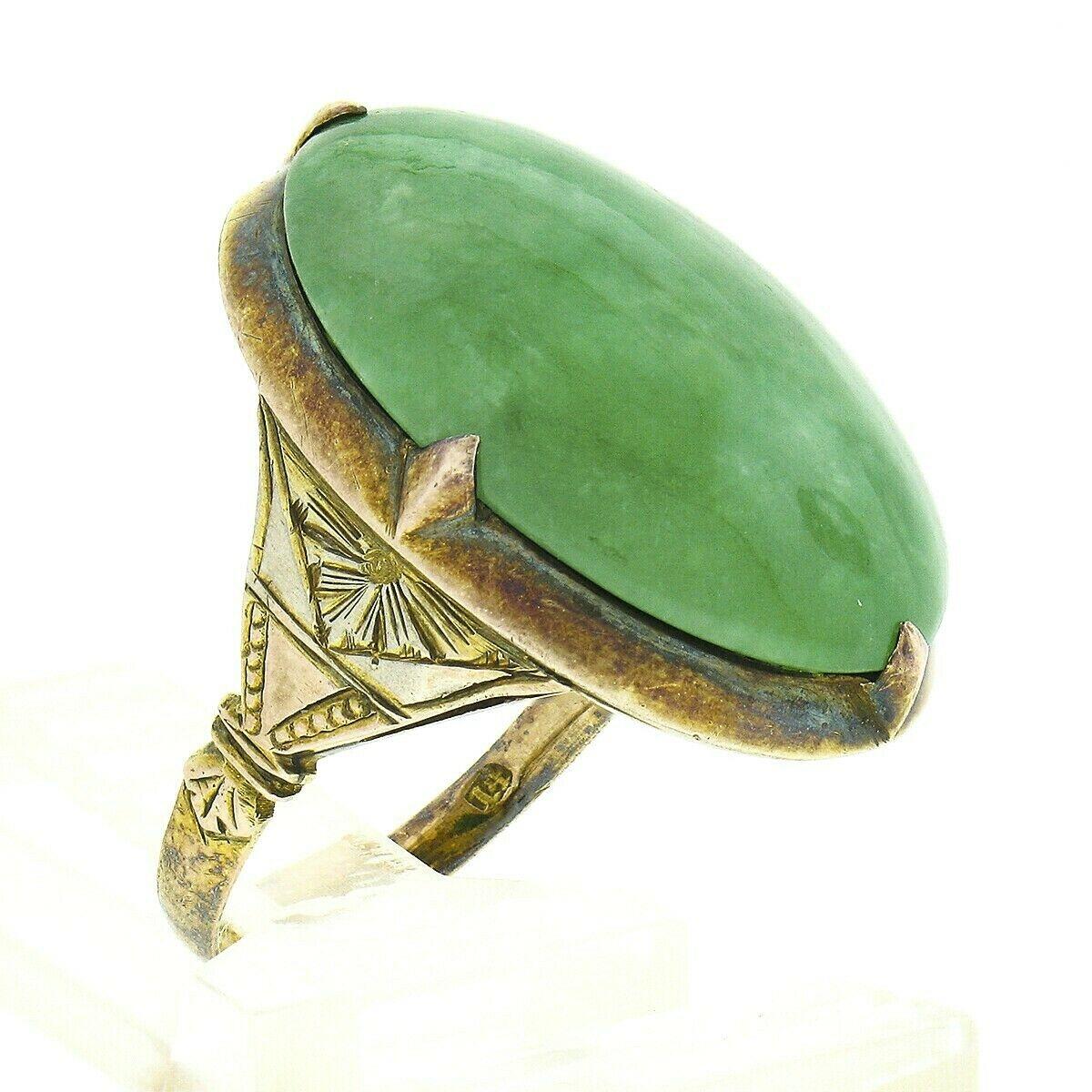 Antique Victorian 14k Gold Large GIA Oval Cabochon Jade Hand Engraved Sides Ring 5