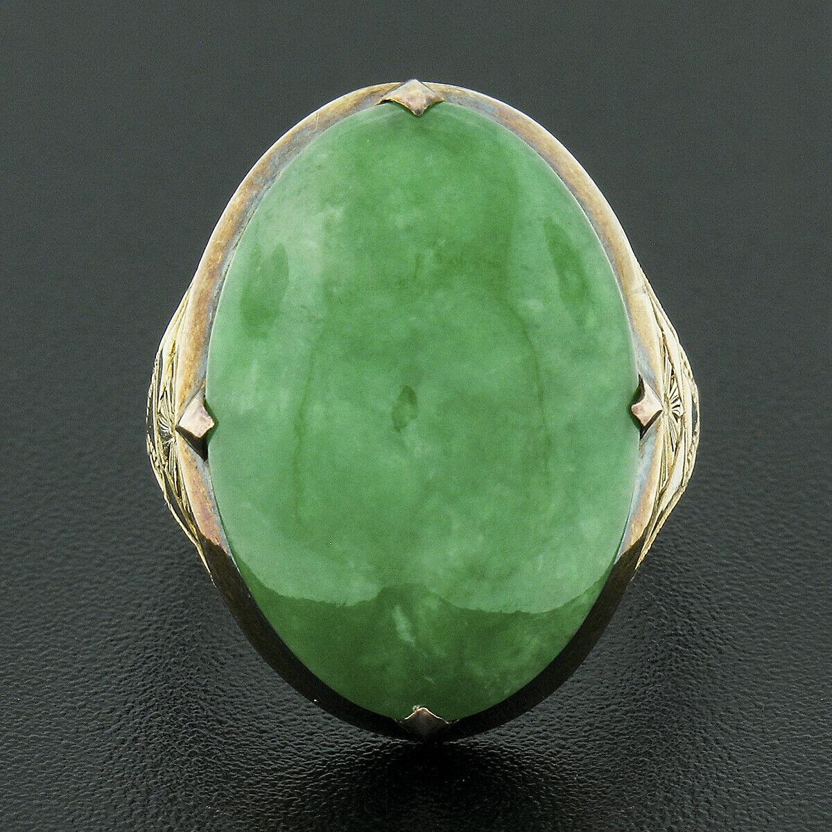 Oval Cut Antique Victorian 14k Gold Large GIA Oval Cabochon Jade Hand Engraved Sides Ring