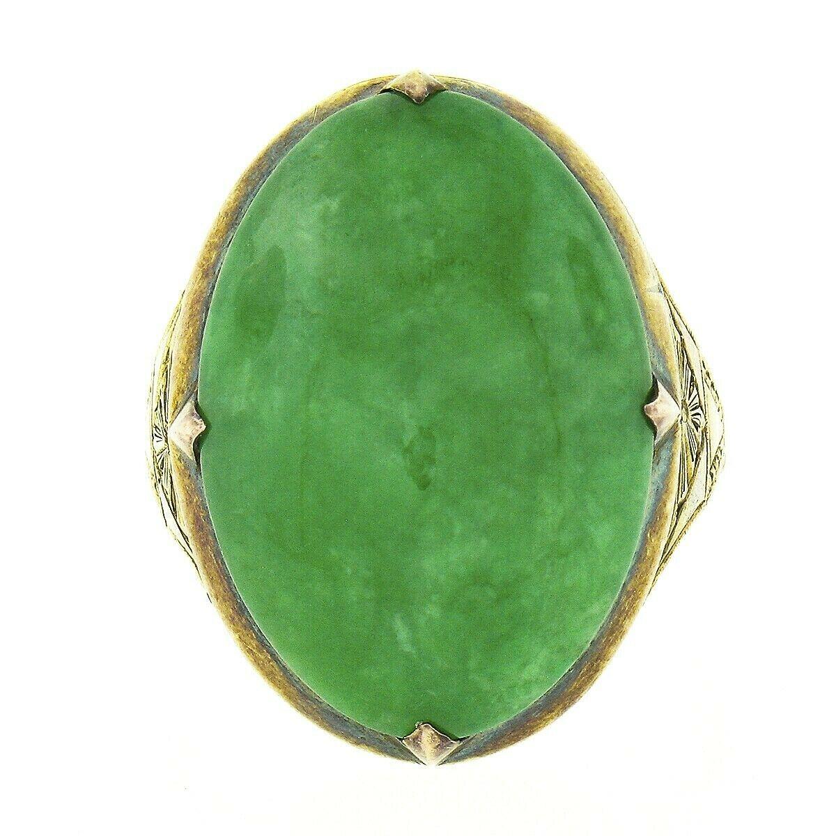 Women's or Men's Antique Victorian 14k Gold Large GIA Oval Cabochon Jade Hand Engraved Sides Ring