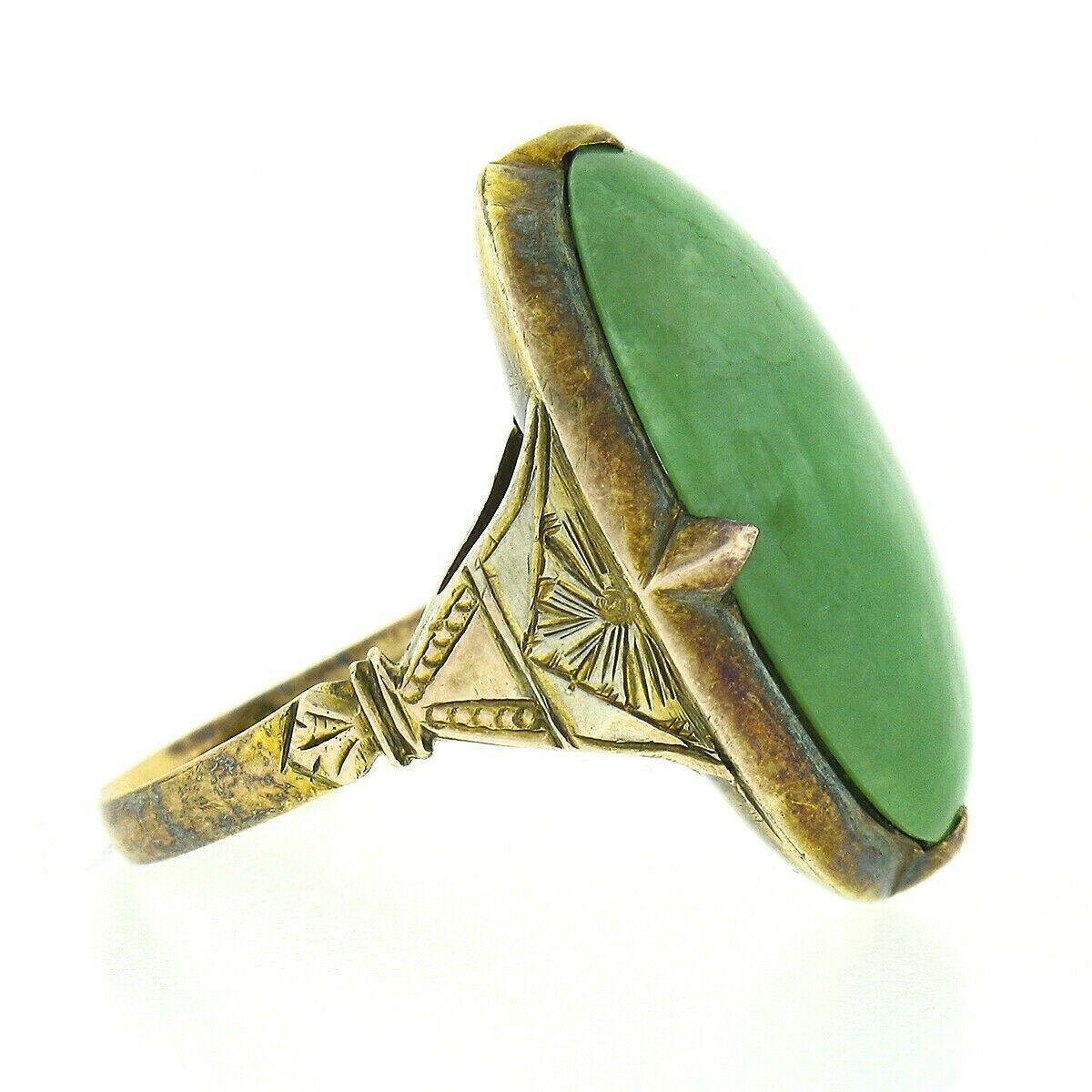 Antique Victorian 14k Gold Large GIA Oval Cabochon Jade Hand Engraved Sides Ring 1