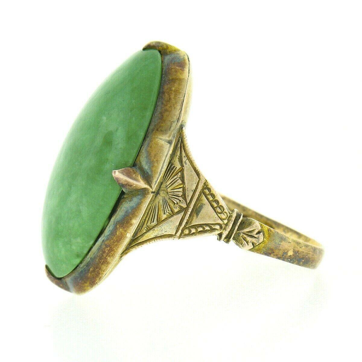 Antique Victorian 14k Gold Large GIA Oval Cabochon Jade Hand Engraved Sides Ring 2