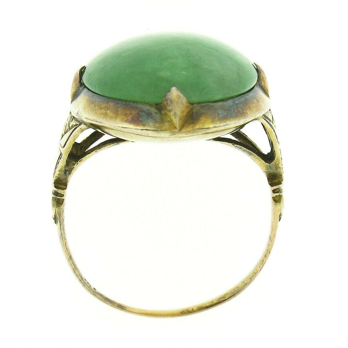 Antique Victorian 14k Gold Large GIA Oval Cabochon Jade Hand Engraved Sides Ring 4