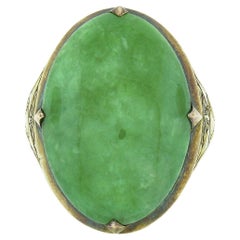 Antique Victorian 14k Gold Large GIA Oval Cabochon Jade Hand Engraved Sides Ring