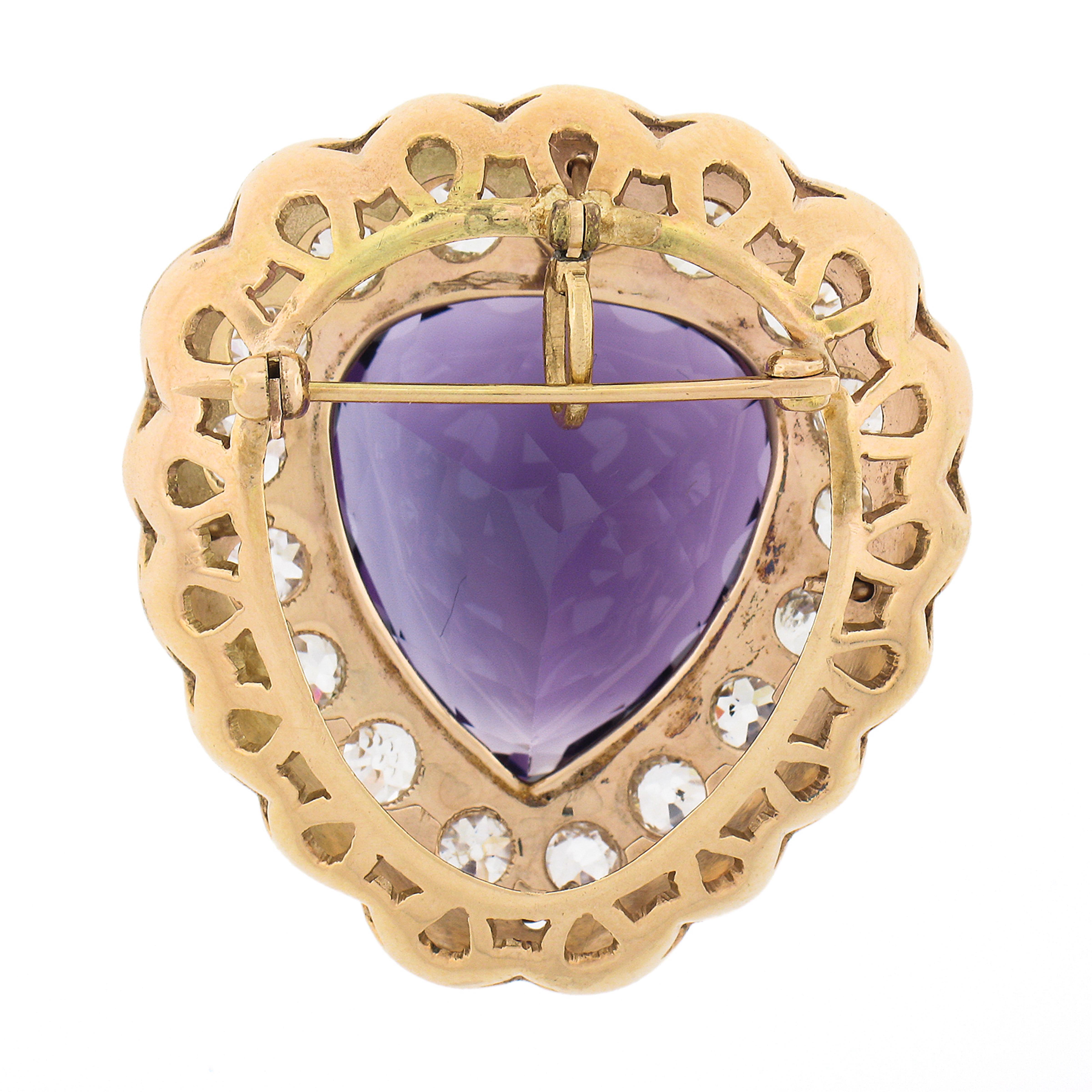 Antike viktorianische 14k Gold Herz-Brosche mit Amethyst- und Diamant-Emaille-Anhänger (Viktorianisch) im Angebot