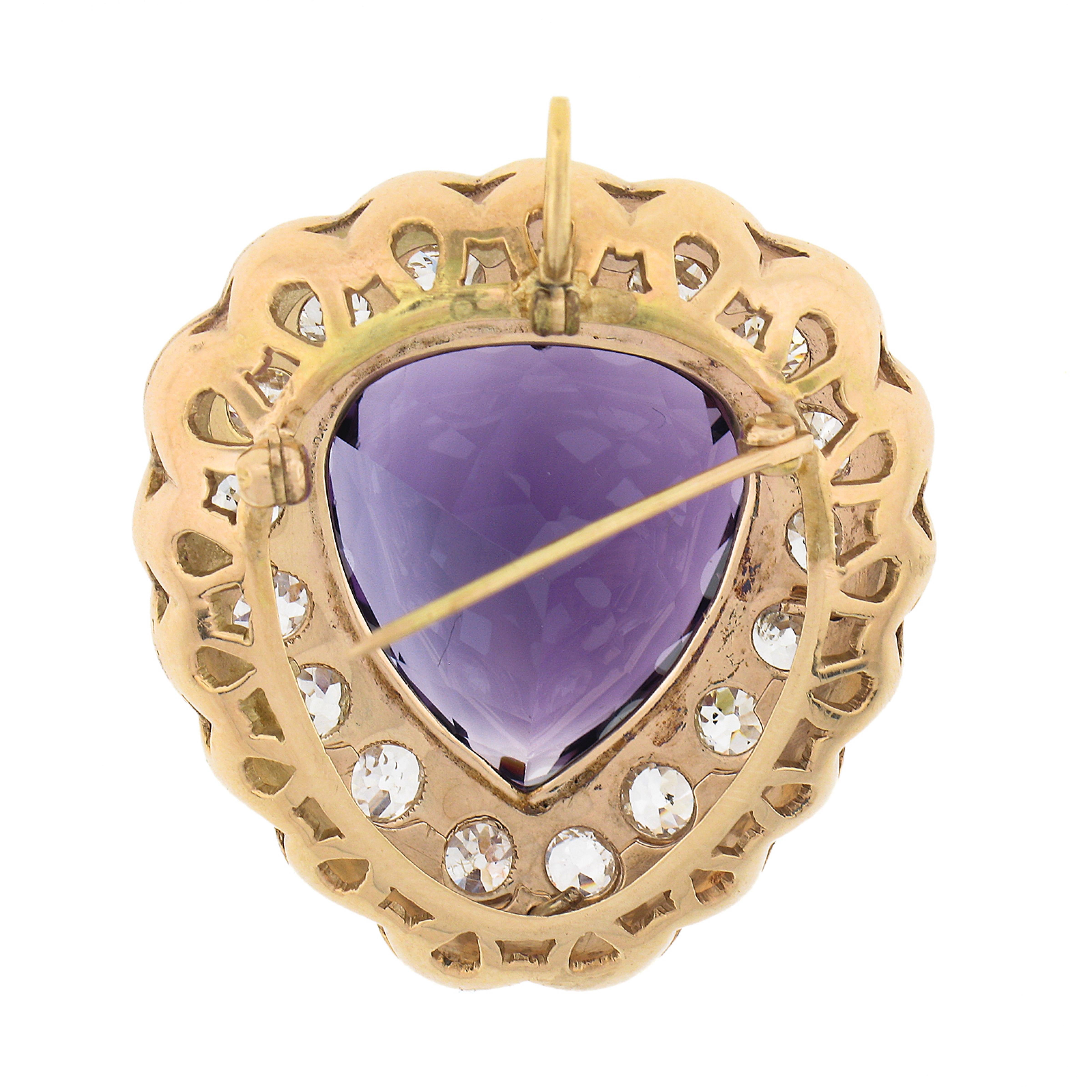 Antique Victorian 14k Gold Large Heart Amethyst & Diamond Enamel Brooch Pendant In Excellent Condition For Sale In Montclair, NJ