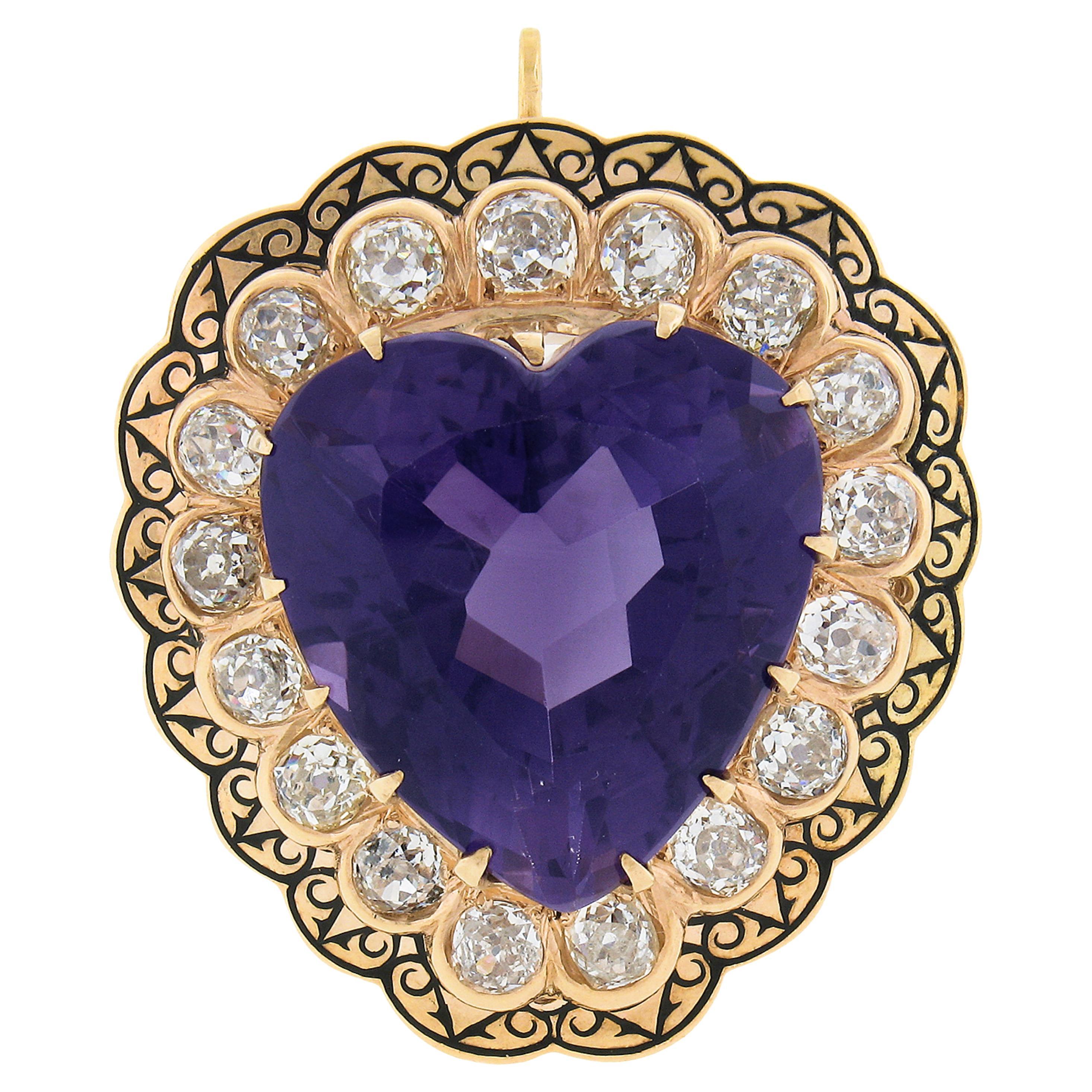 Pendentif broche victorien ancien en or 14 carats avec grand cœur en améthyste et diamants