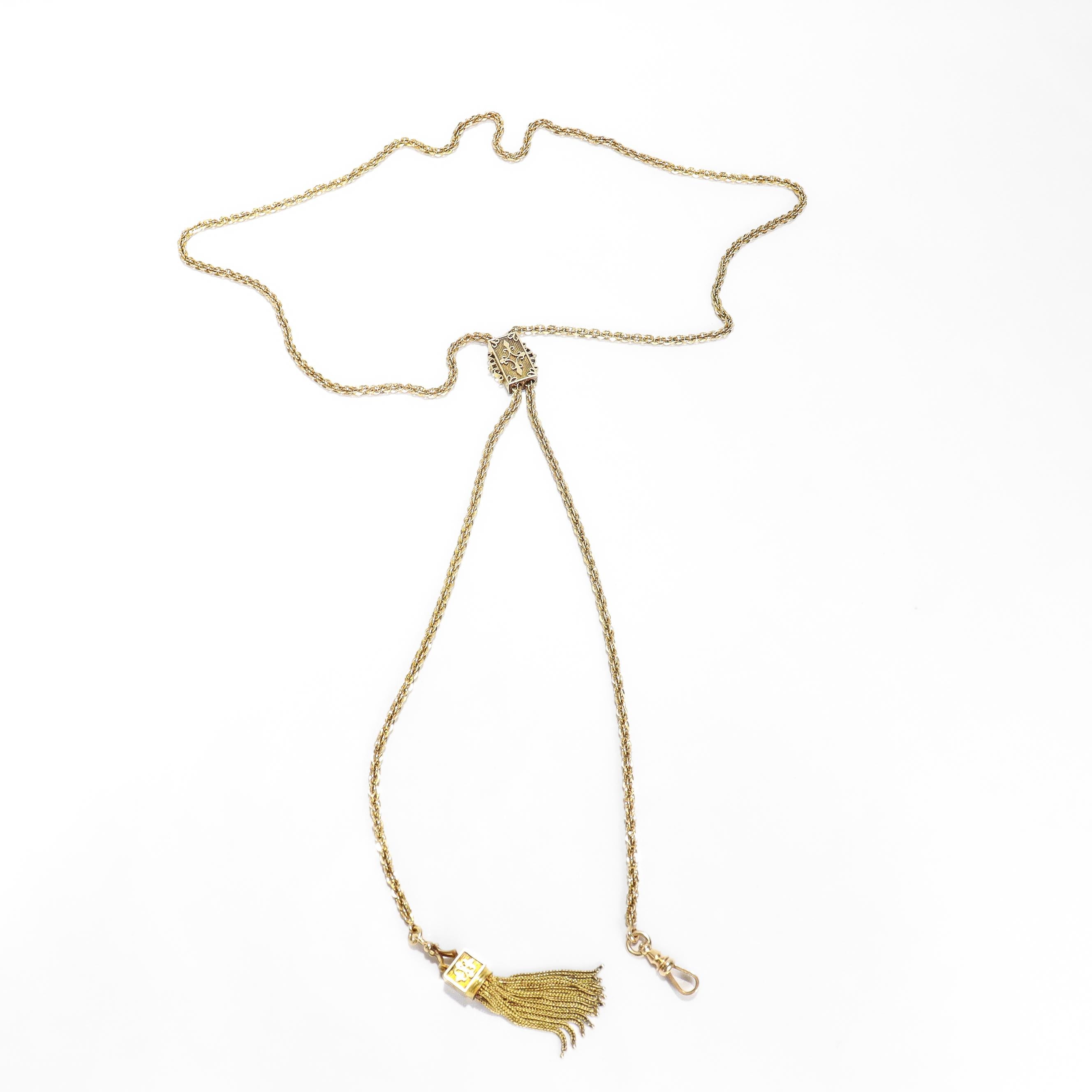 Antica collana vittoriana con catena Leontine in oro 14k e scivolo rettangolare in vendita 5