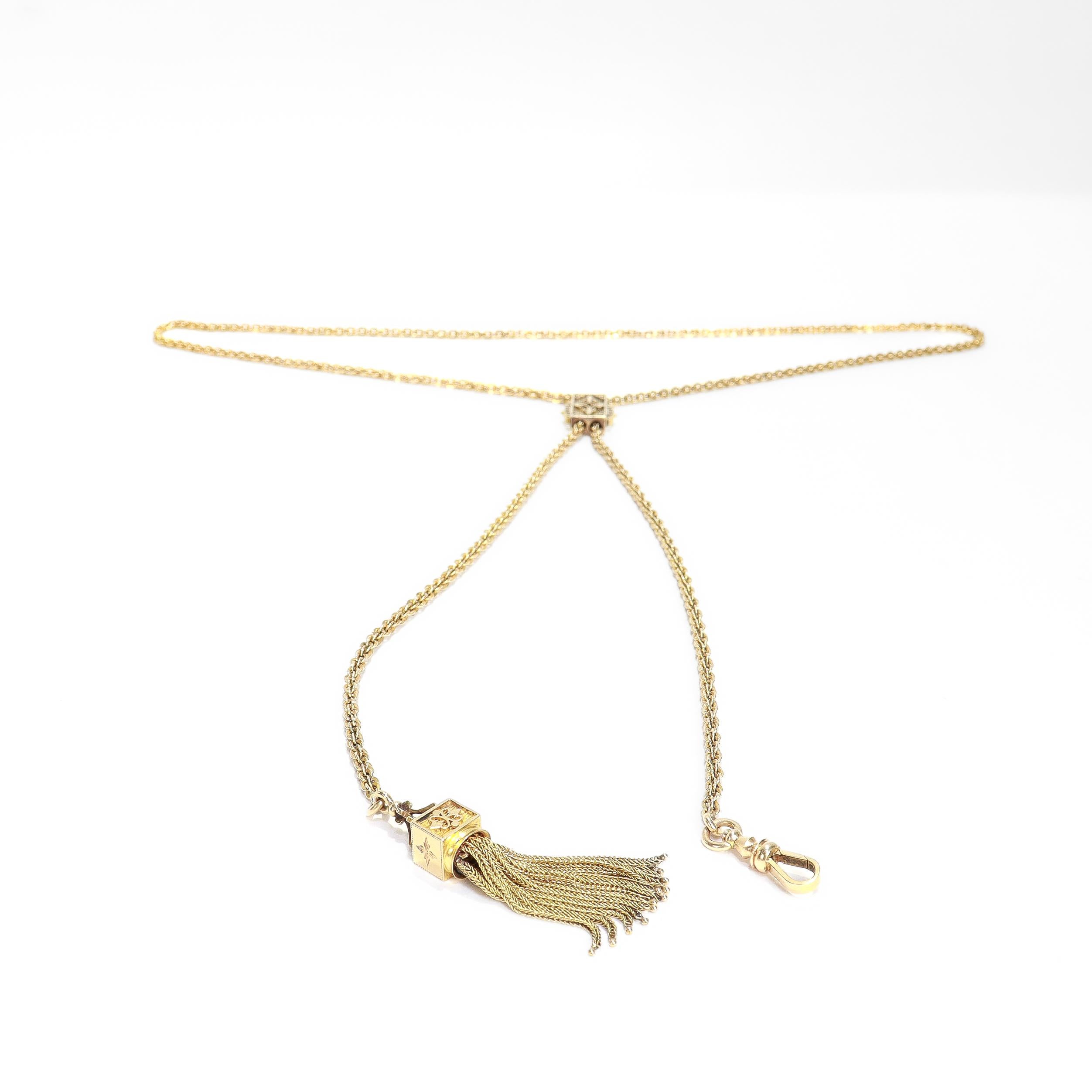 Antica collana vittoriana con catena Leontine in oro 14k e scivolo rettangolare in vendita 6