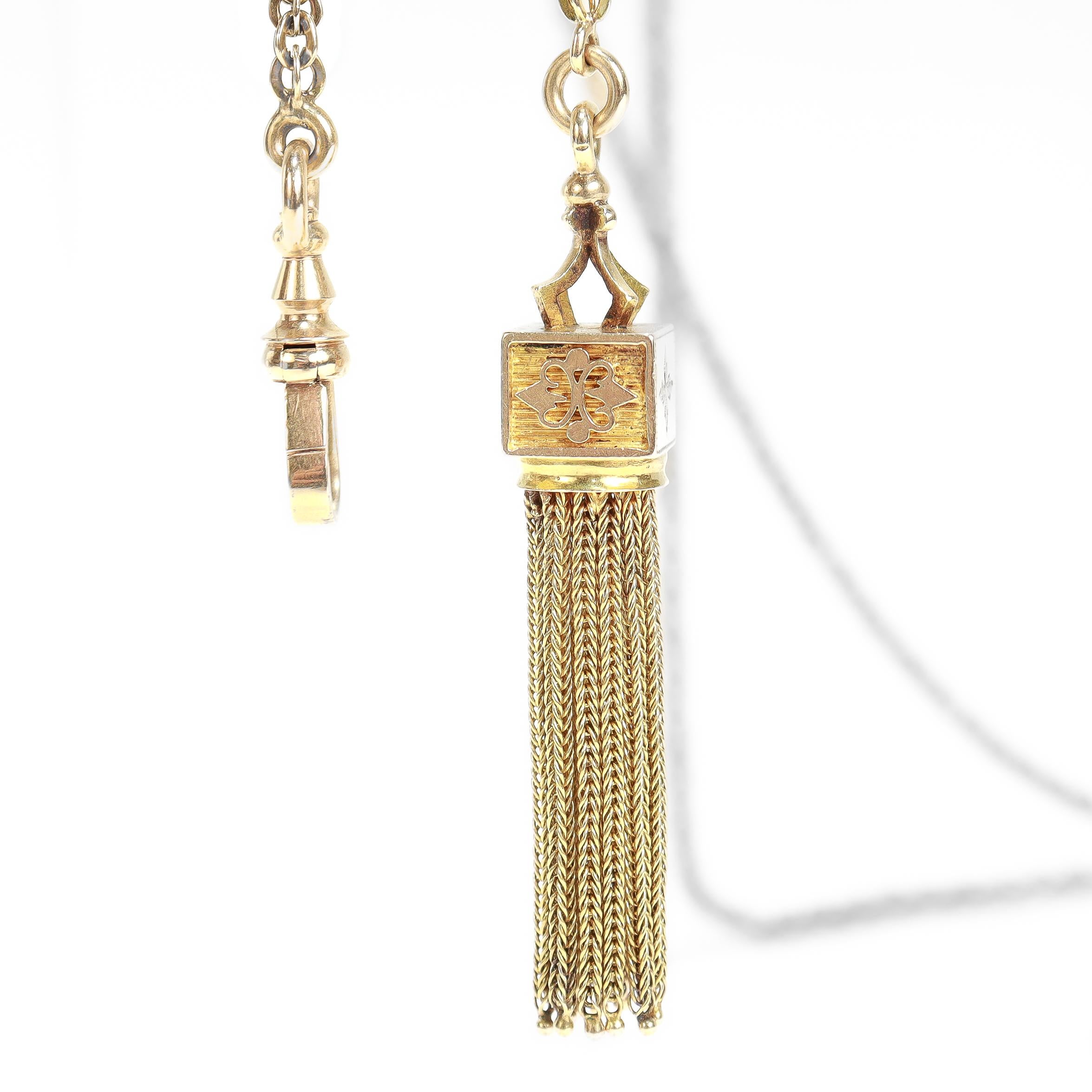 Antica collana vittoriana con catena Leontine in oro 14k e scivolo rettangolare in vendita 9