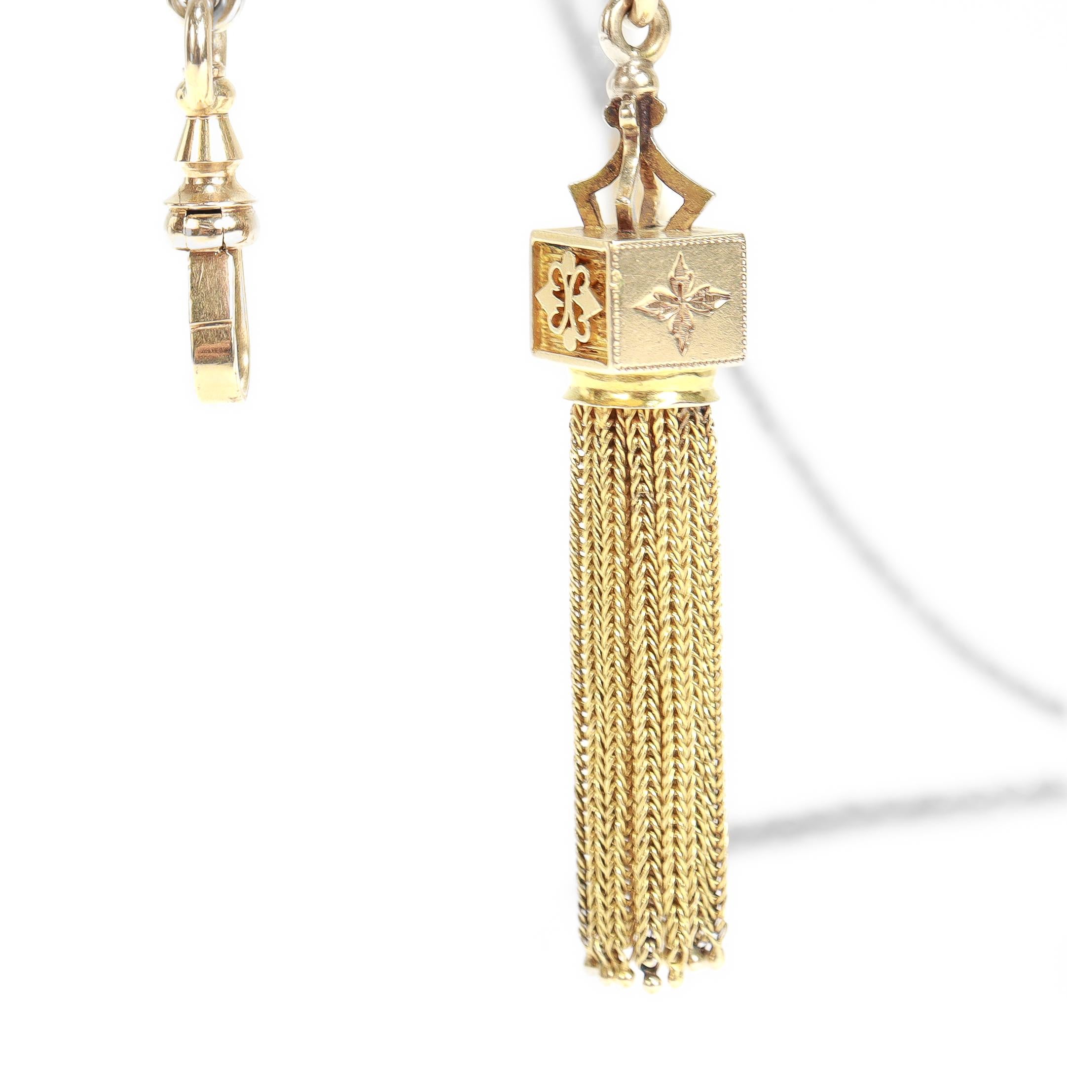 Antica collana vittoriana con catena Leontine in oro 14k e scivolo rettangolare in vendita 10