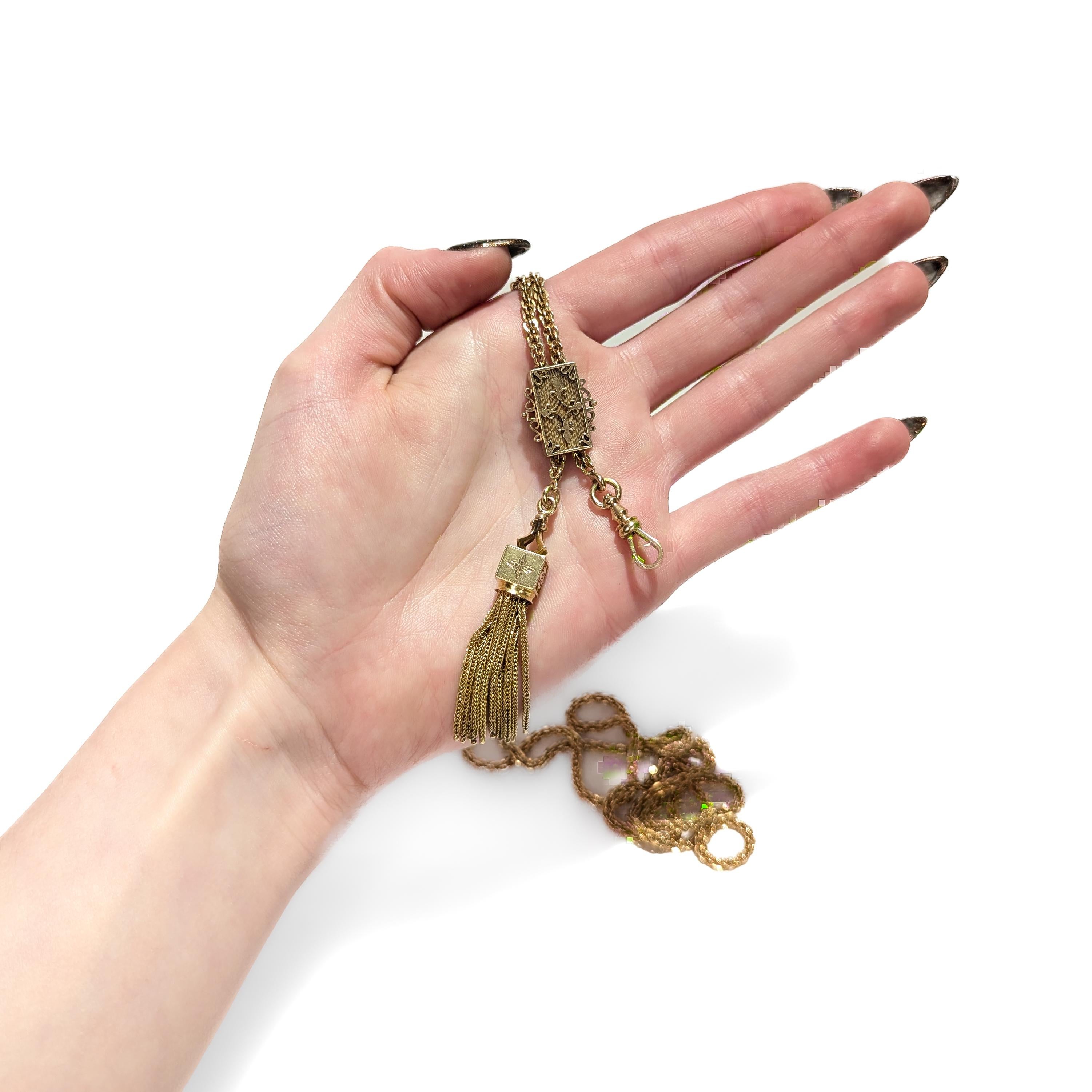 Antica collana vittoriana con catena Leontine in oro 14k e scivolo rettangolare In condizioni buone in vendita a Philadelphia, PA