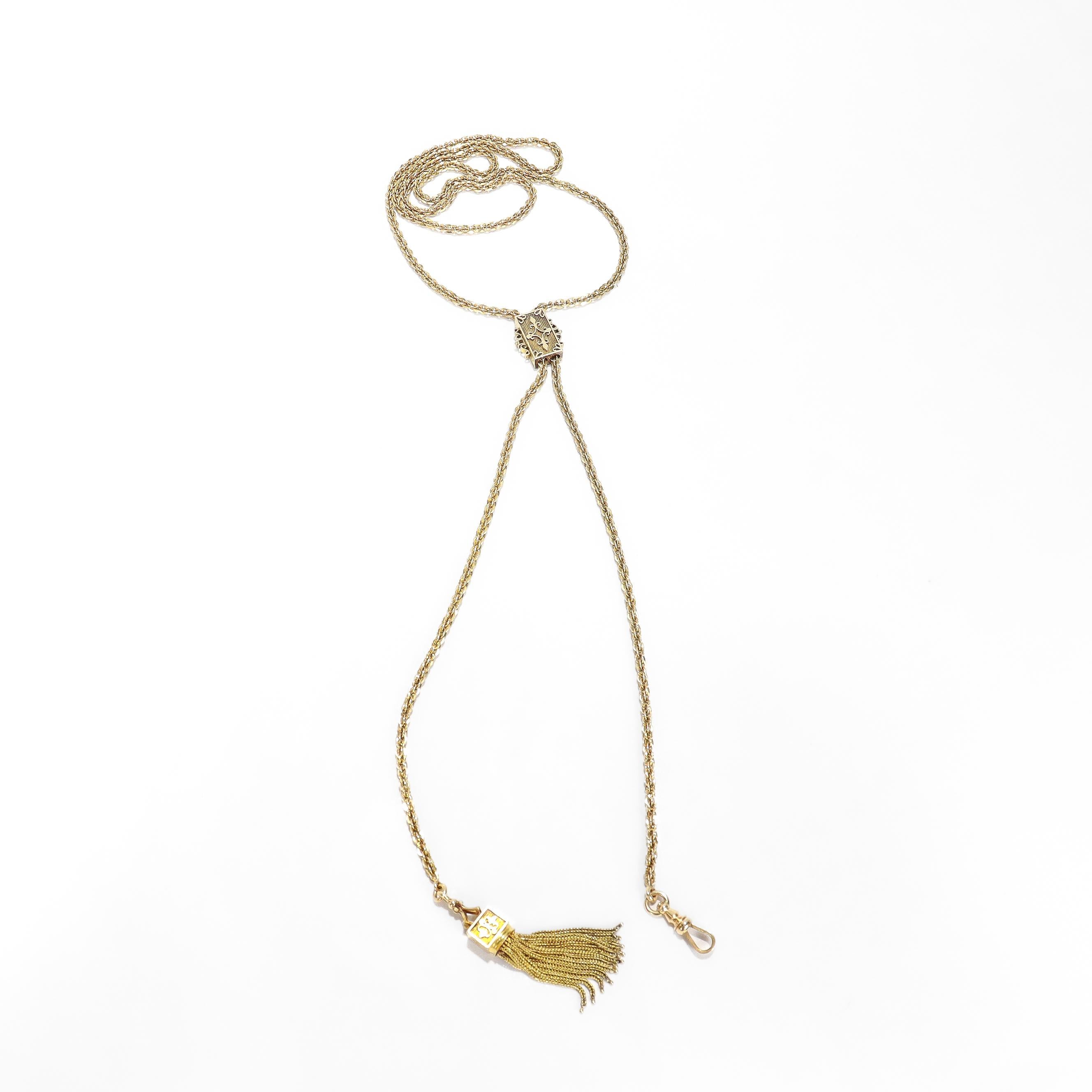 Antica collana vittoriana con catena Leontine in oro 14k e scivolo rettangolare in vendita 1