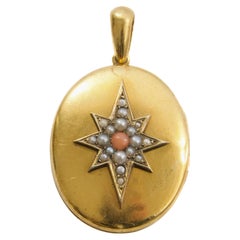 Antique Victorian 14K Gold Locket Pendant with Seed Pearls and Coral