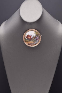 Antique Victorian 14K Gold Man and Woman Falling Off Wagon Hand Painted Brooch