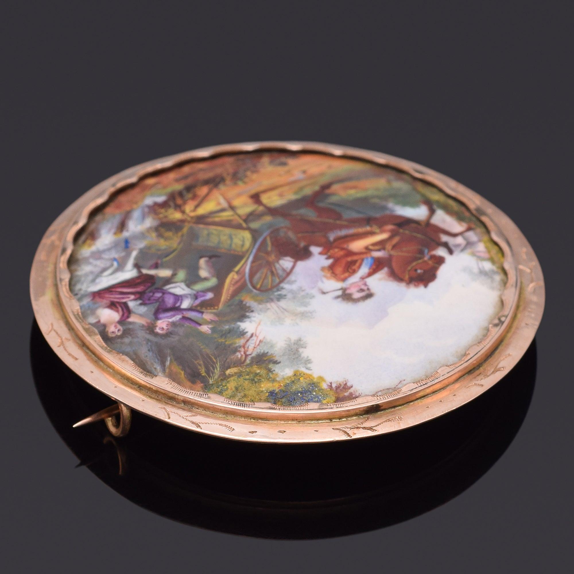 Antique Victorian 14K Gold Man and Woman Falling Off Wagon Hand Painted Brooch In Good Condition For Sale In New York, NY