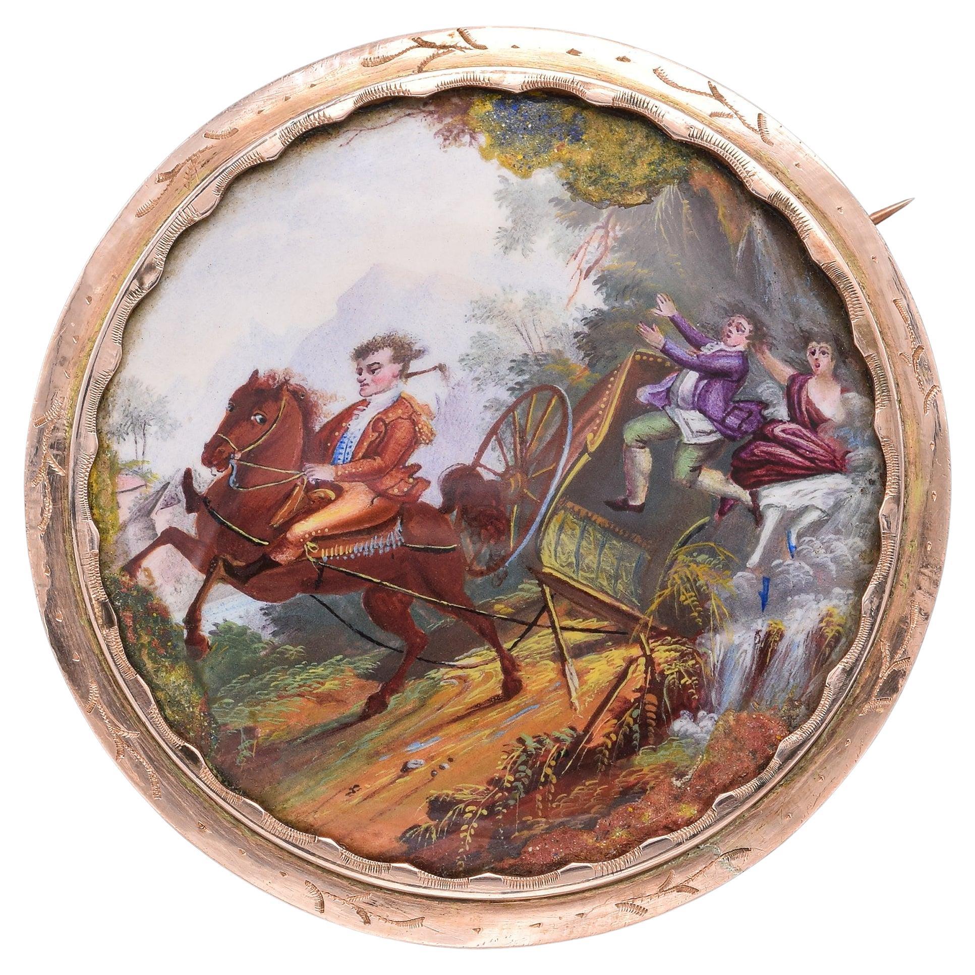 Antique Victorian 14K Gold Man and Woman Falling Off Wagon Hand Painted Brooch For Sale