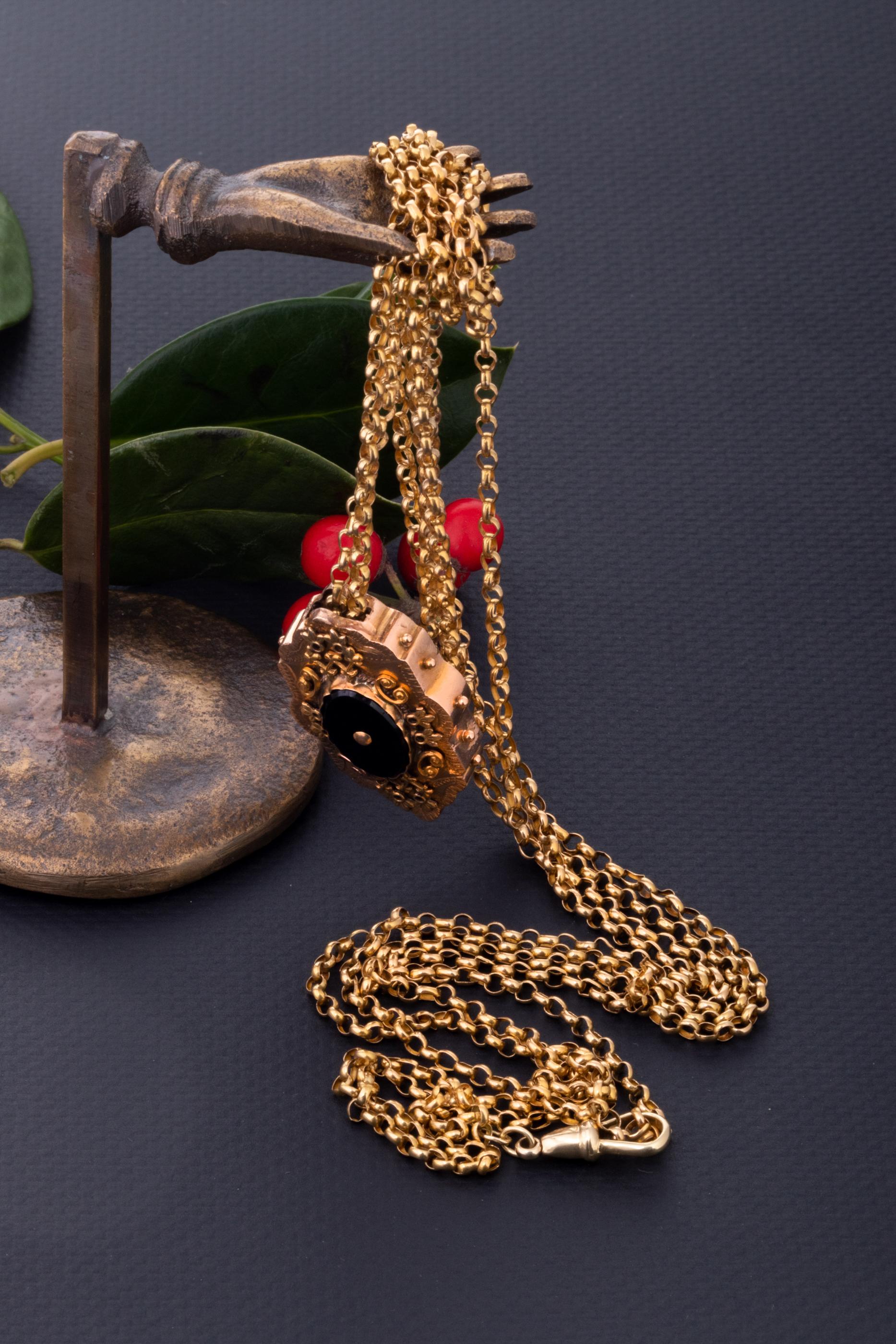 Oval Cut Antique Victorian 14K Gold Muff Chain, Antique Gold Slider Chain