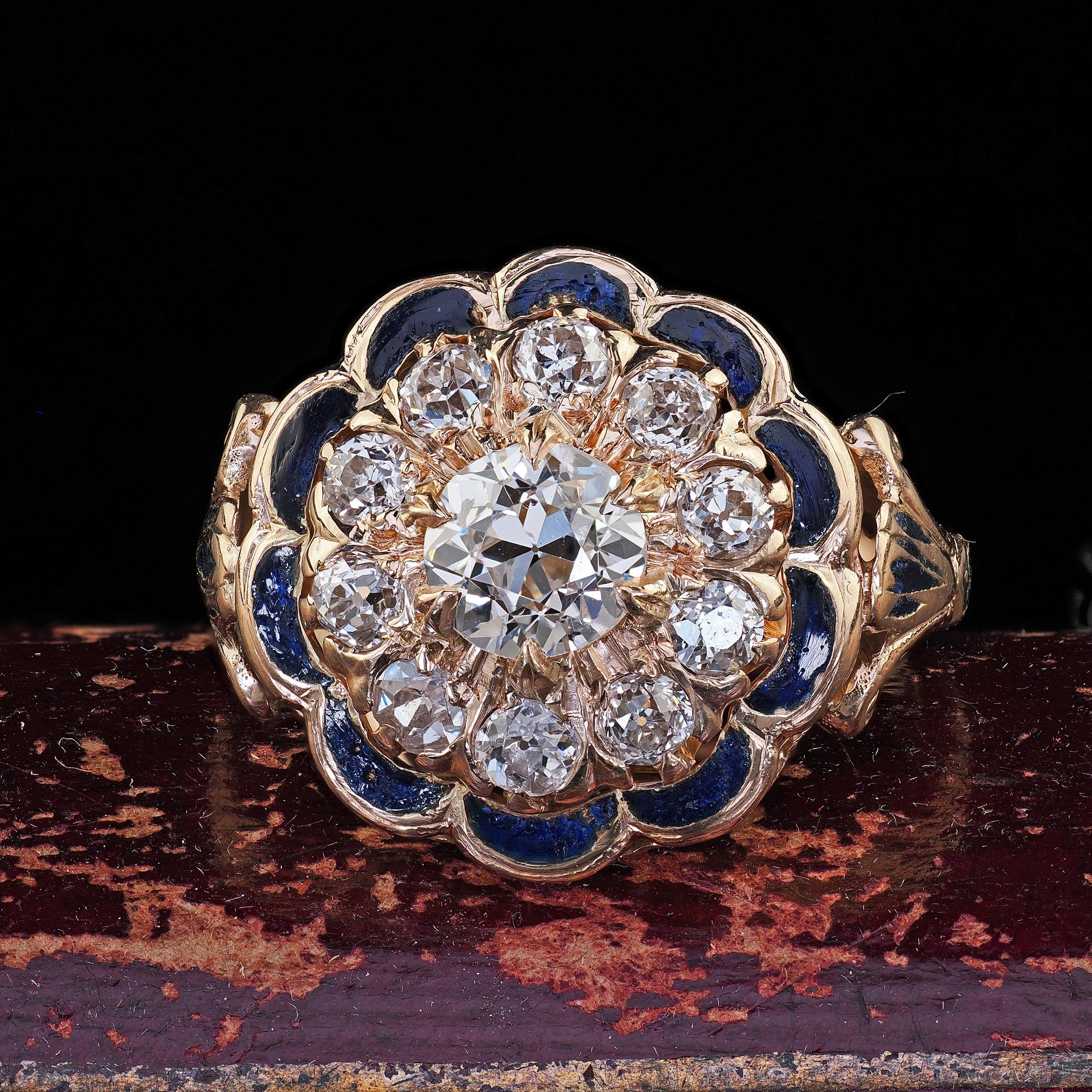 Beautiful Antique Victorian 14K Gold Old Cut Diamond Blue Enamel Engagement Ring - GIA. This gorgeous antique Victorian diamond engagement ring is crafted in 14k yellow gold. The center holds an old cut diamond that has a GIA report. The center is