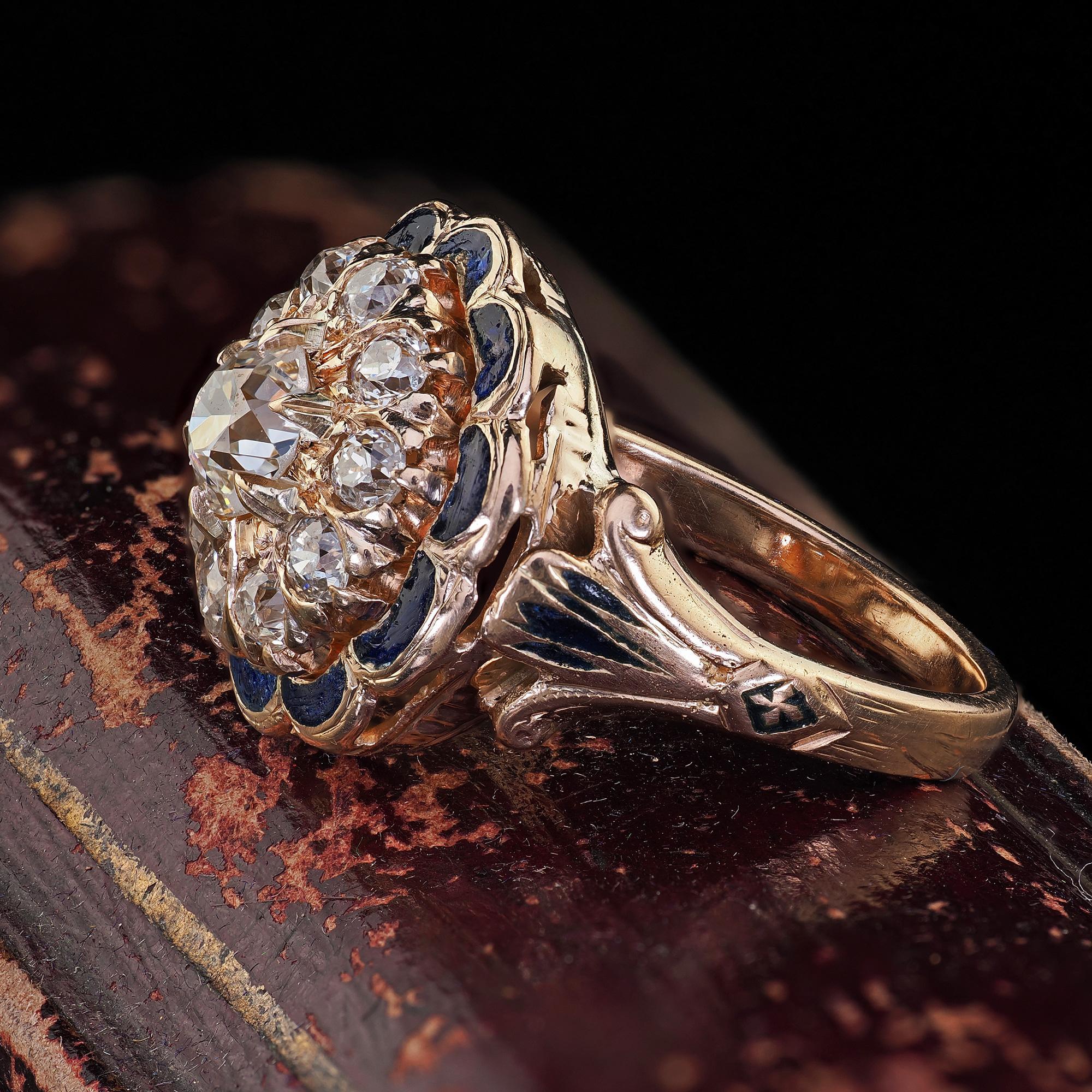 Antique Victorian 14K Gold Old Cut Diamond Blue Enamel Engagement Ring - GIA 1
