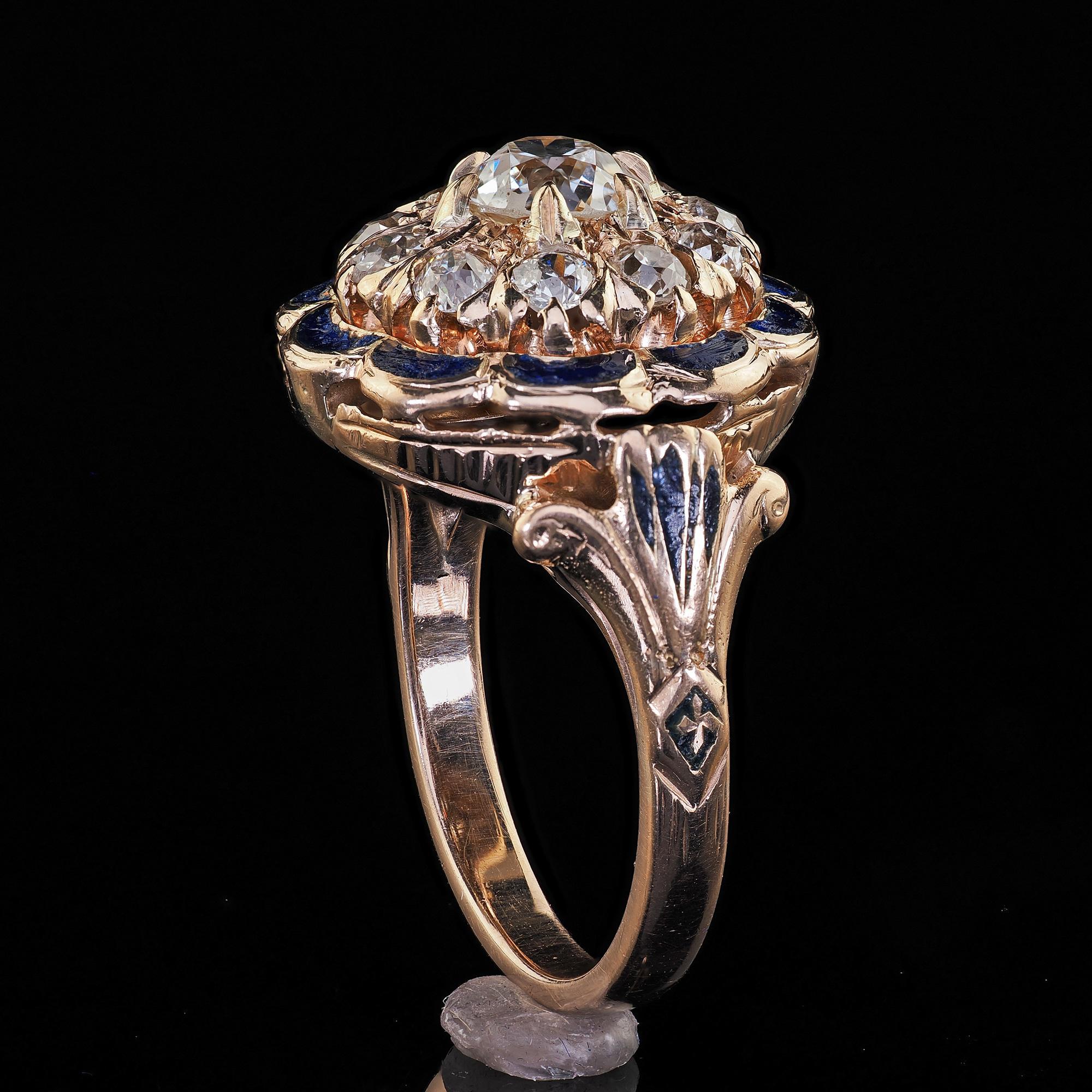 Antique Victorian 14K Gold Old Cut Diamond Blue Enamel Engagement Ring - GIA 3