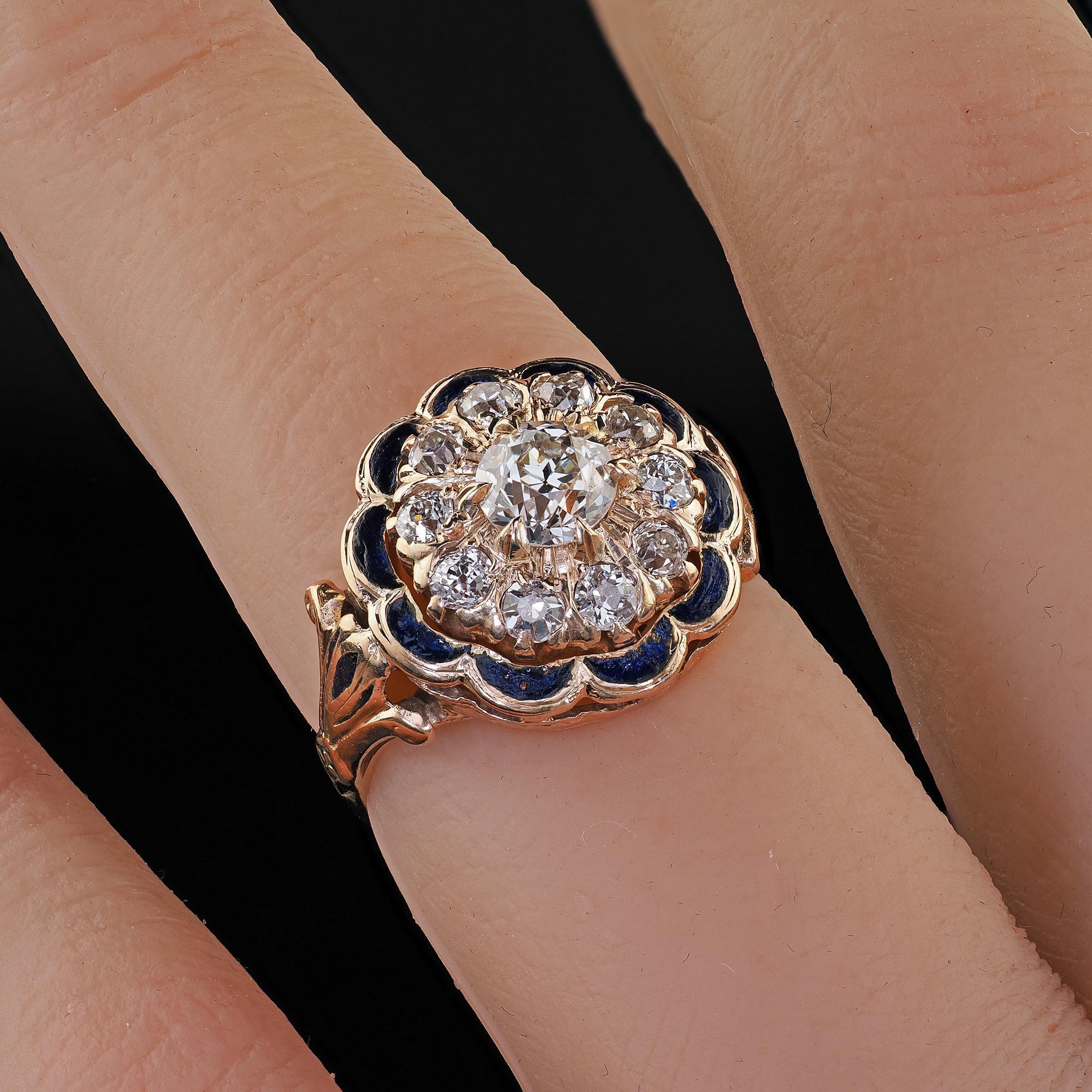 Antique Victorian 14K Gold Old Cut Diamond Blue Enamel Engagement Ring - GIA 4