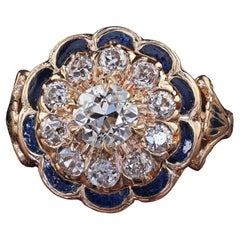 Antiguo anillo de compromiso victoriano de oro de 14 quilates con diamante talla antigua y esmalte azul - GIA
