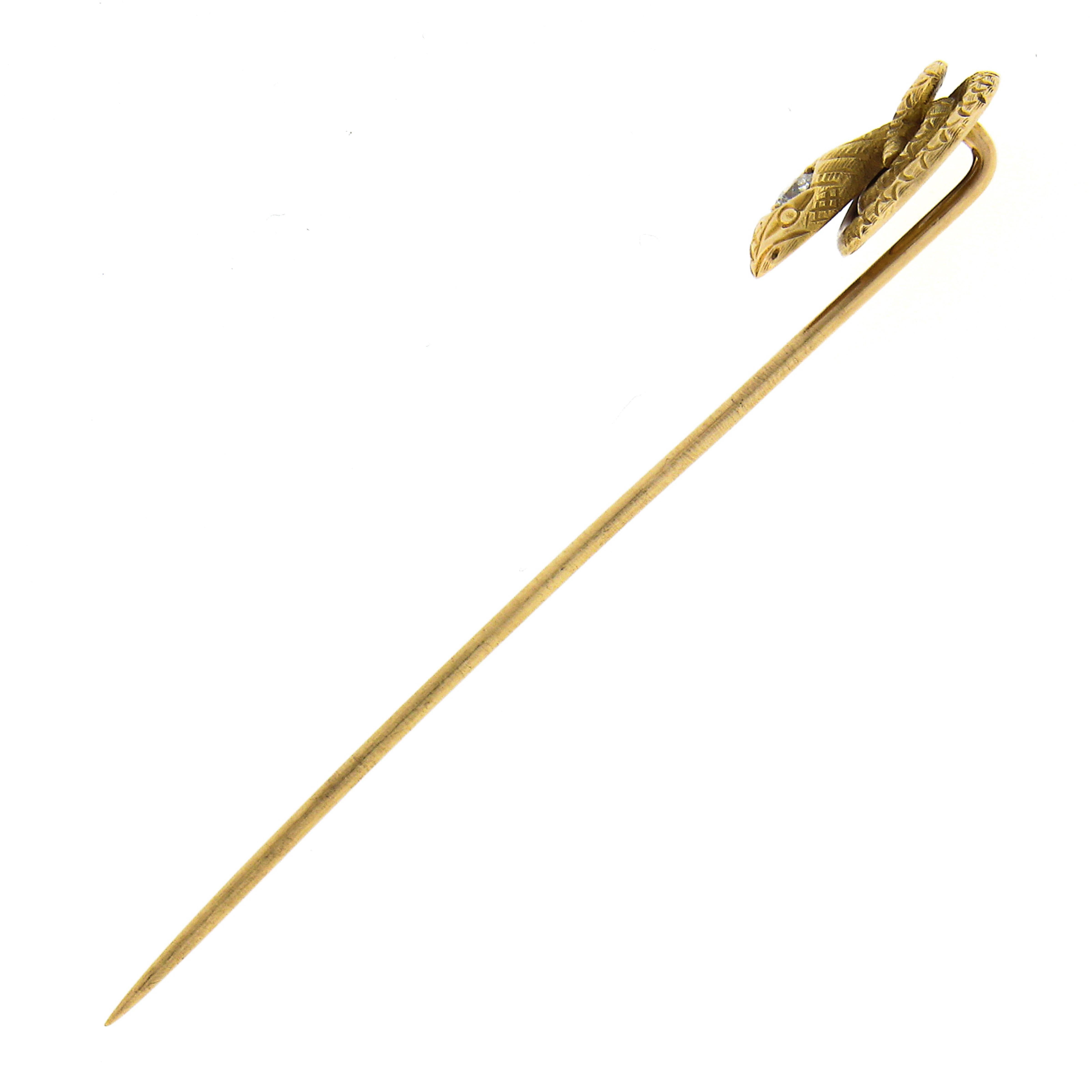 Antique Victorian 14k Gold Old Diamond Coiled Detailed Textured Snake Stick Pin In Good Condition In Montclair, NJ