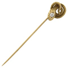 Antique Victorian 14k Gold Old Diamond Coiled Detailed Textured Snake Stick Pin