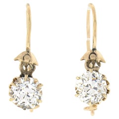 Antique Victorian 14K Gold Old European Diamond 1.12ctw Drop Dangle Earrings