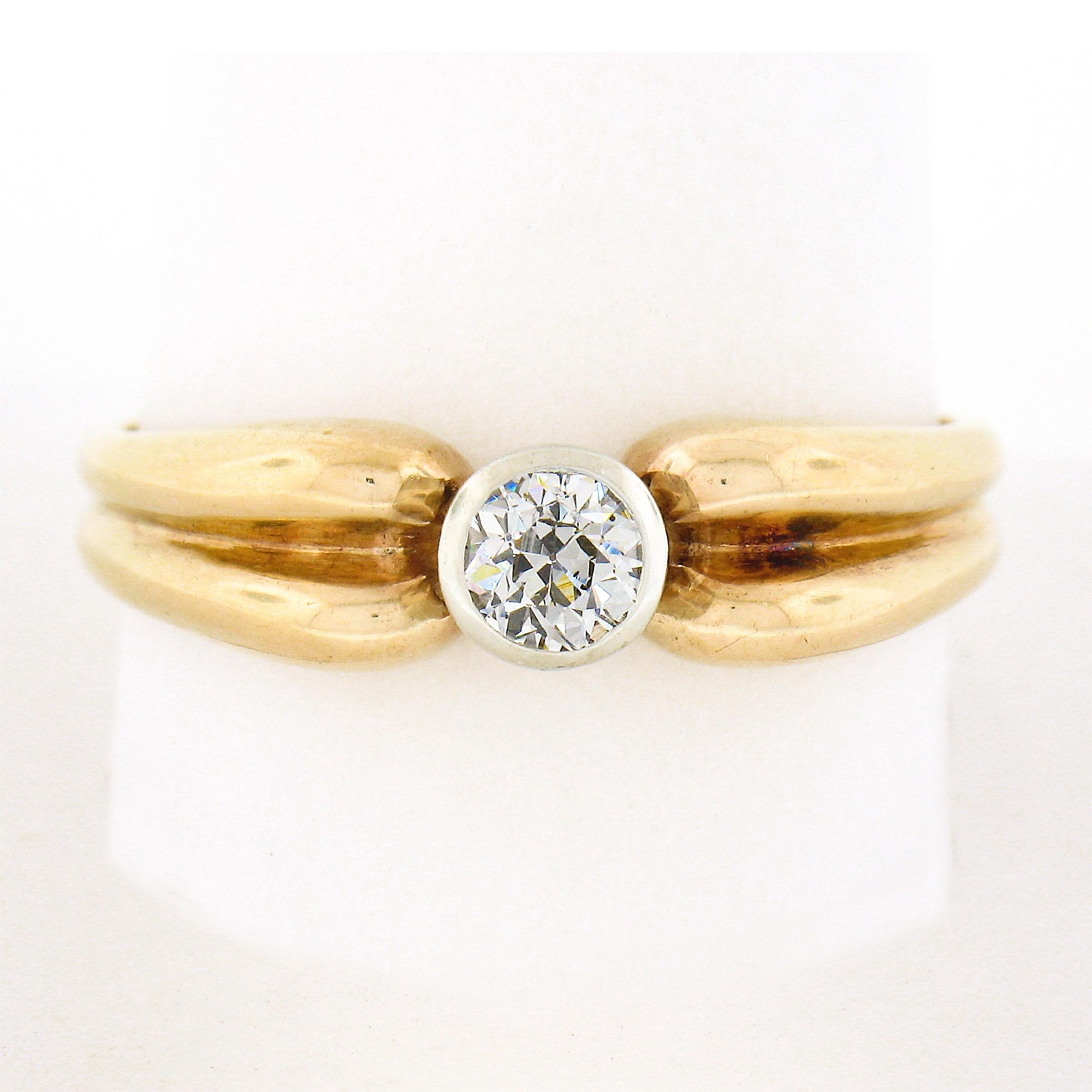 Old European Cut Antique Victorian 14K Gold Old European Diamond Solitaire Ring w/ Grooved Sides For Sale