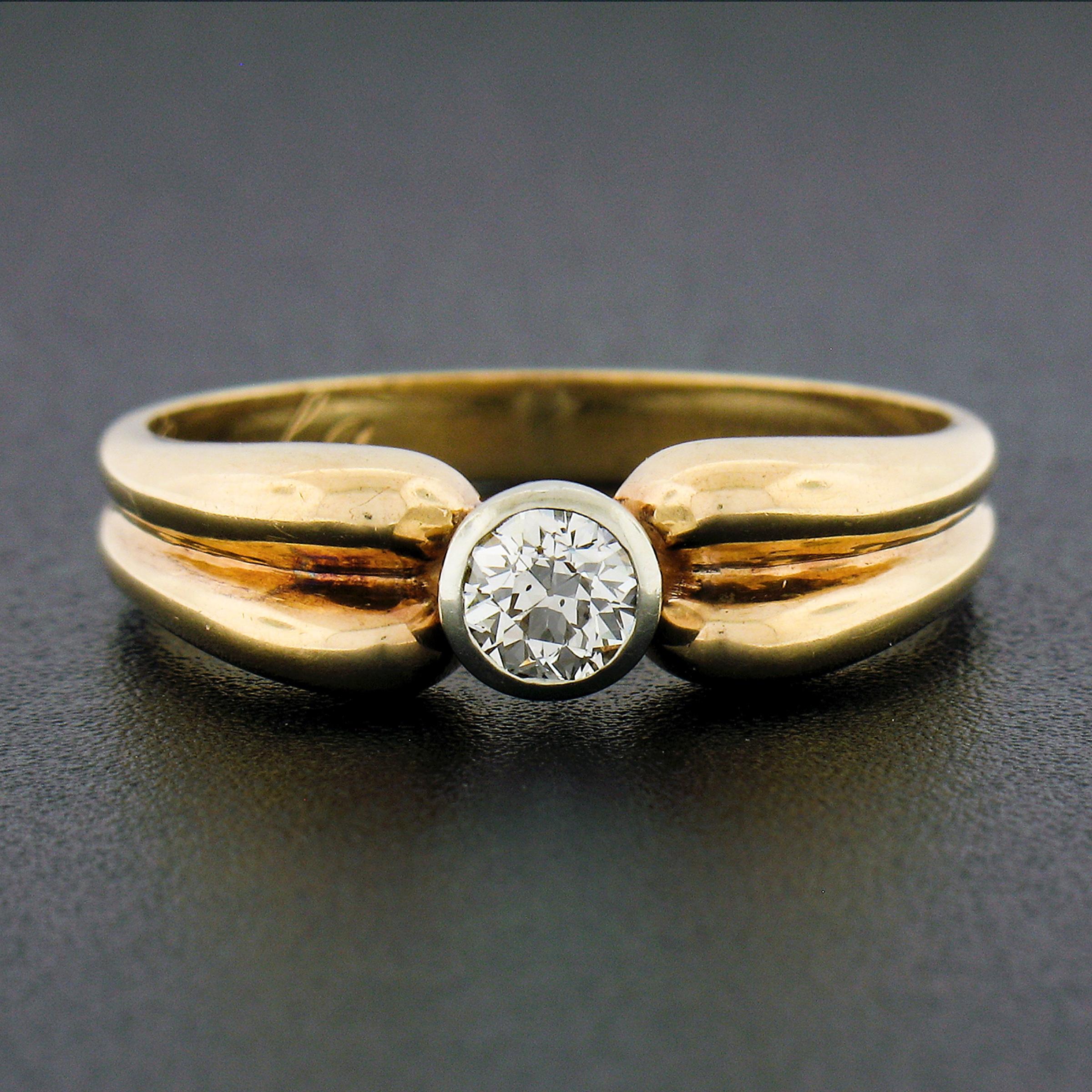 Antique Victorian 14K Gold Old European Diamond Solitaire Ring w/ Grooved Sides In Good Condition For Sale In Montclair, NJ