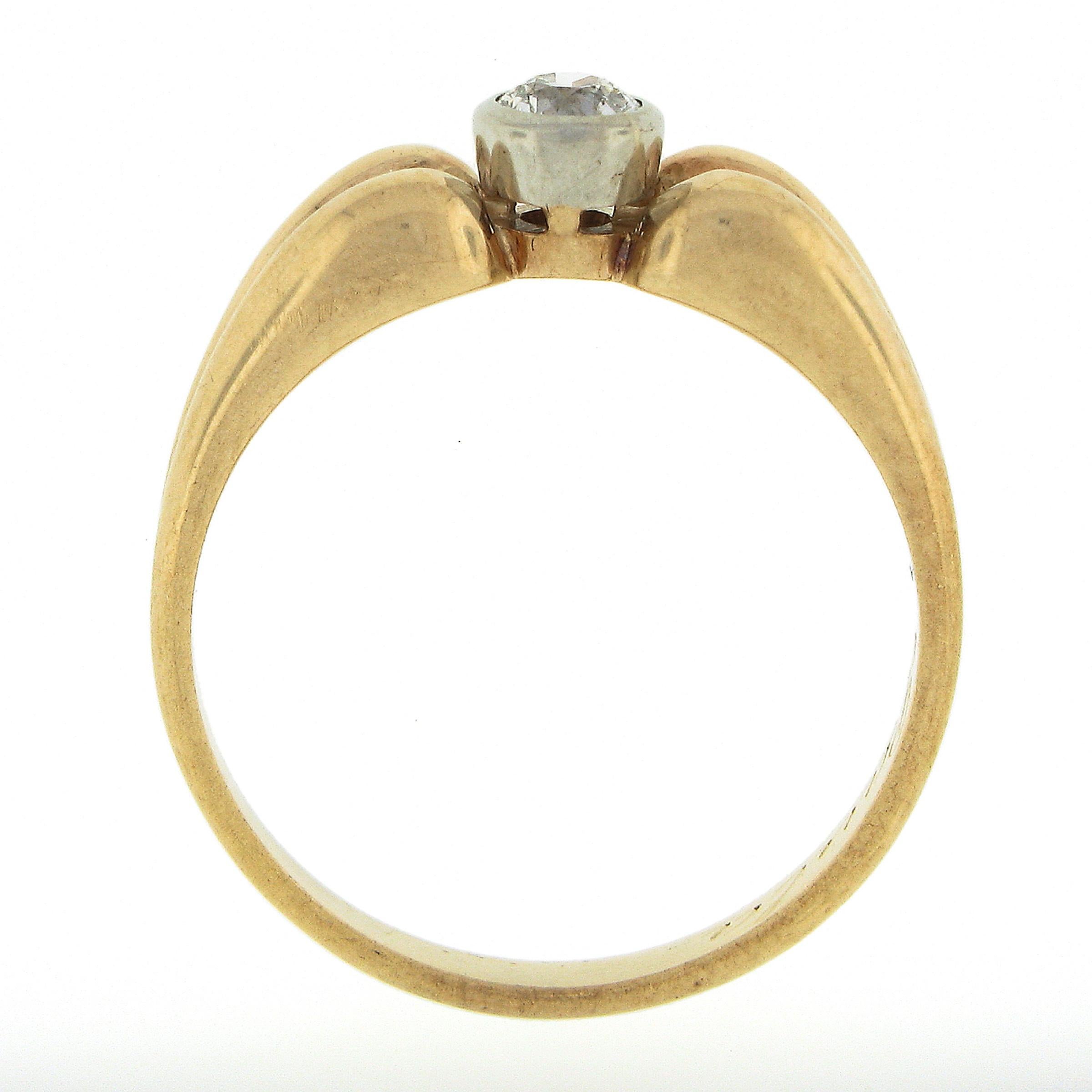 Antique Victorian 14K Gold Old European Diamond Solitaire Ring w/ Grooved Sides For Sale 3