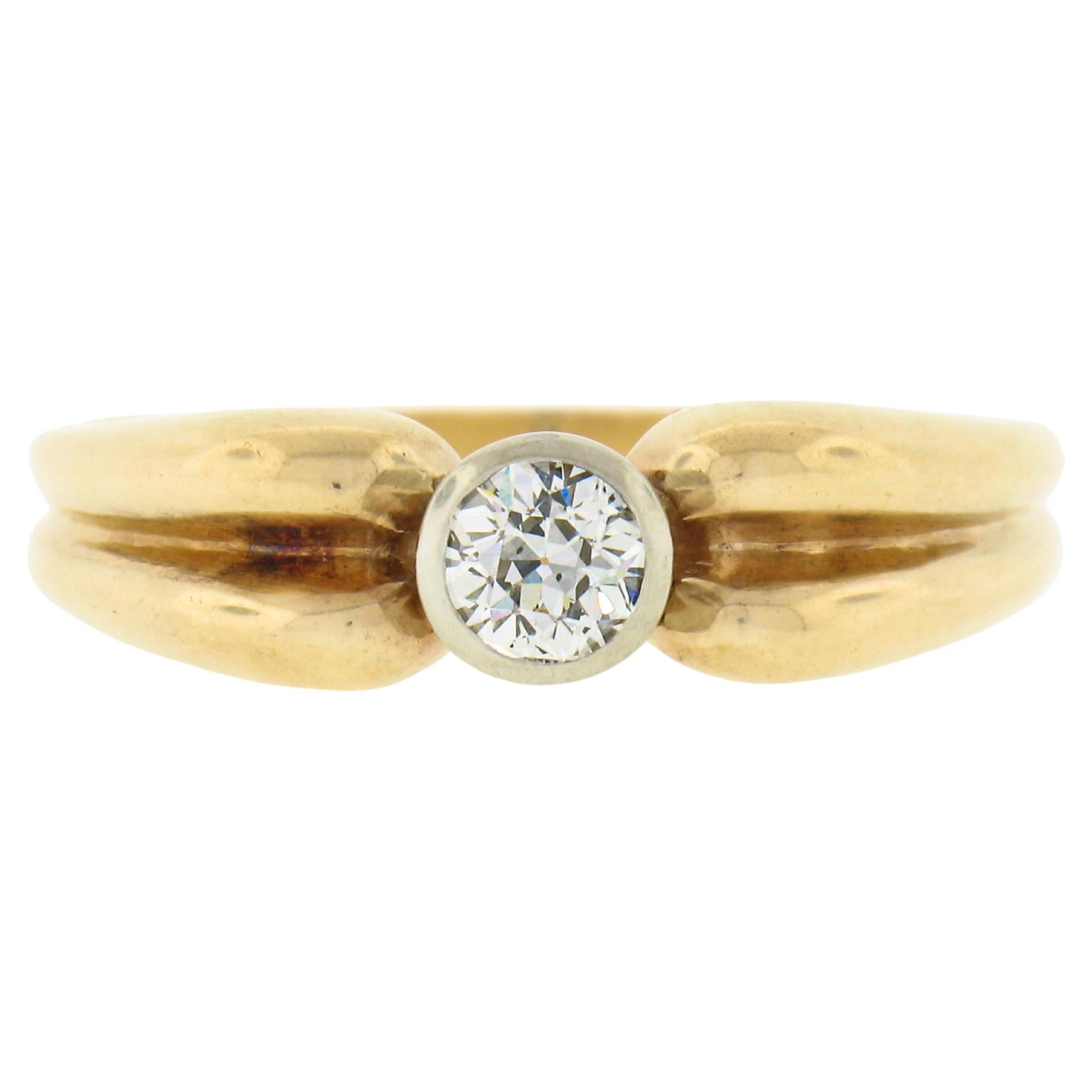 Antique Victorian 14K Gold Old European Diamond Solitaire Ring w/ Grooved Sides For Sale