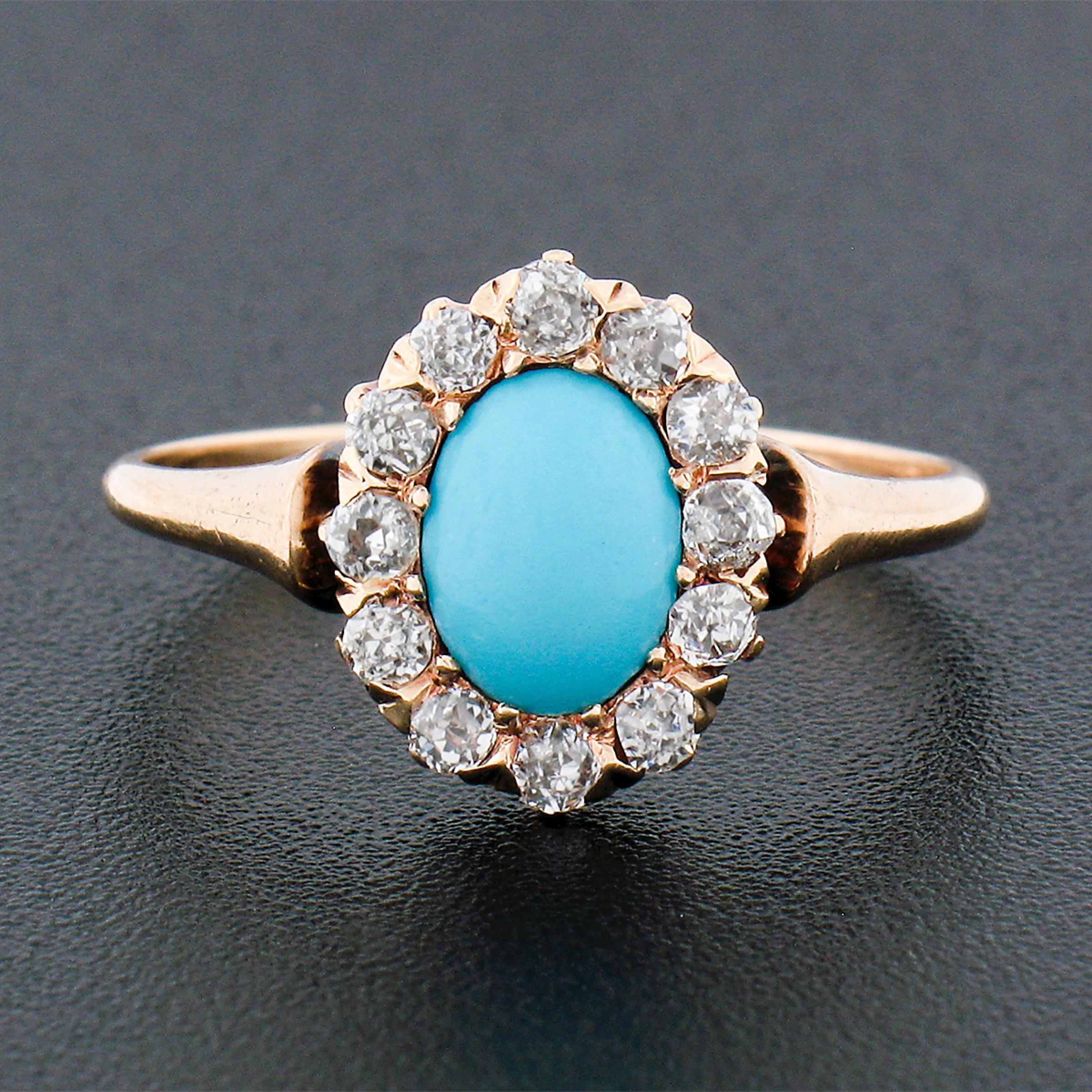 Oval Cut Antique Victorian 14k Gold Oval Cabochon Turquoise w/ Mine Cut Diamond Halo Ring